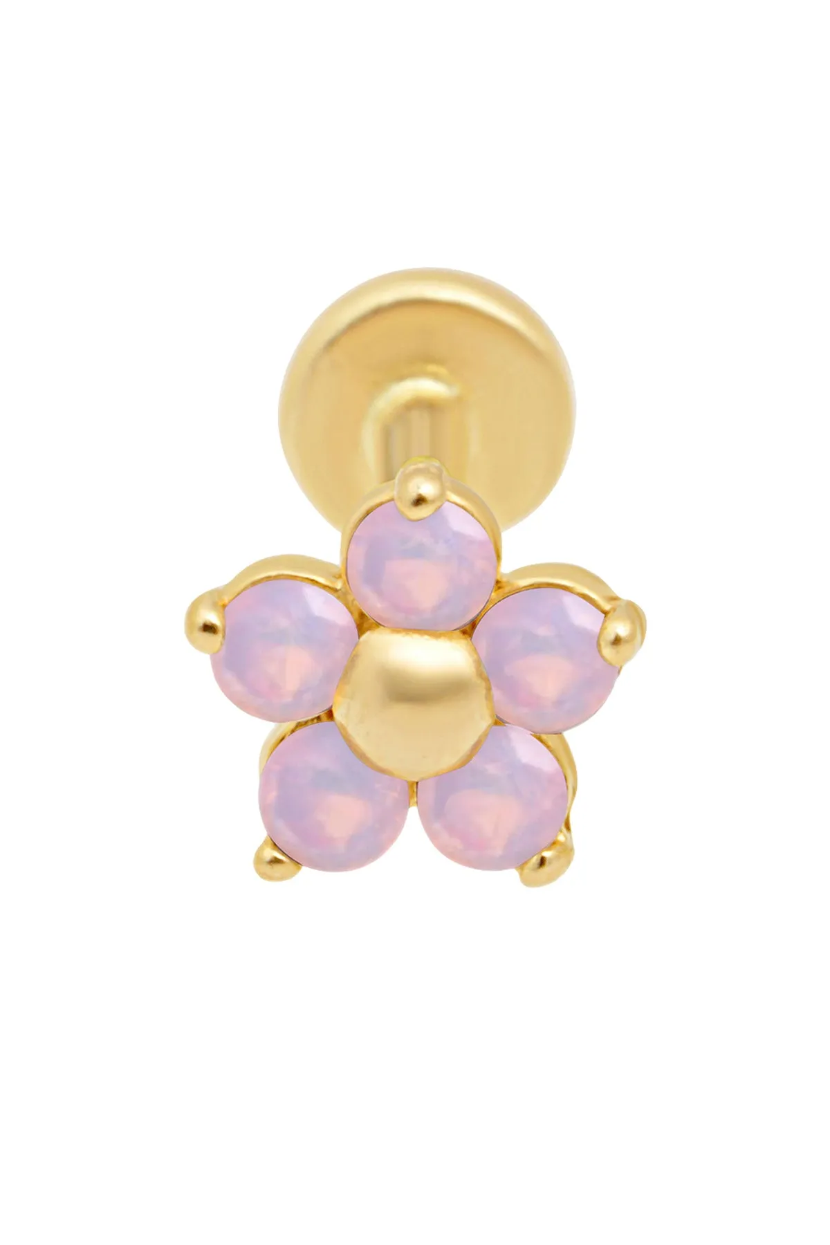 14k Gold Pink Opal Flower Tragus Helix Internally Threaded Flower Flat Back Earring Labret Stud