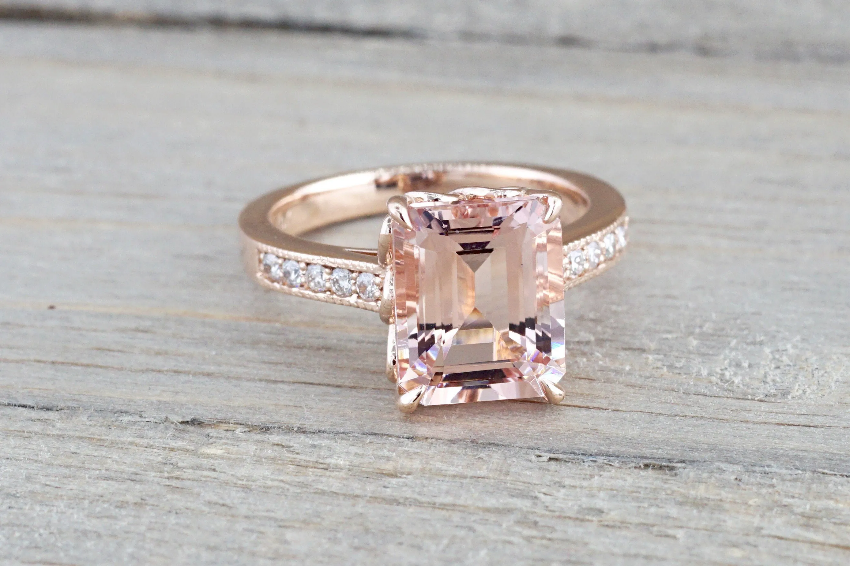 14k Rose Gold EMERALD Cut Pink Peach Morganite Diamond Engagement Promise Ring Rope Bead Vintage