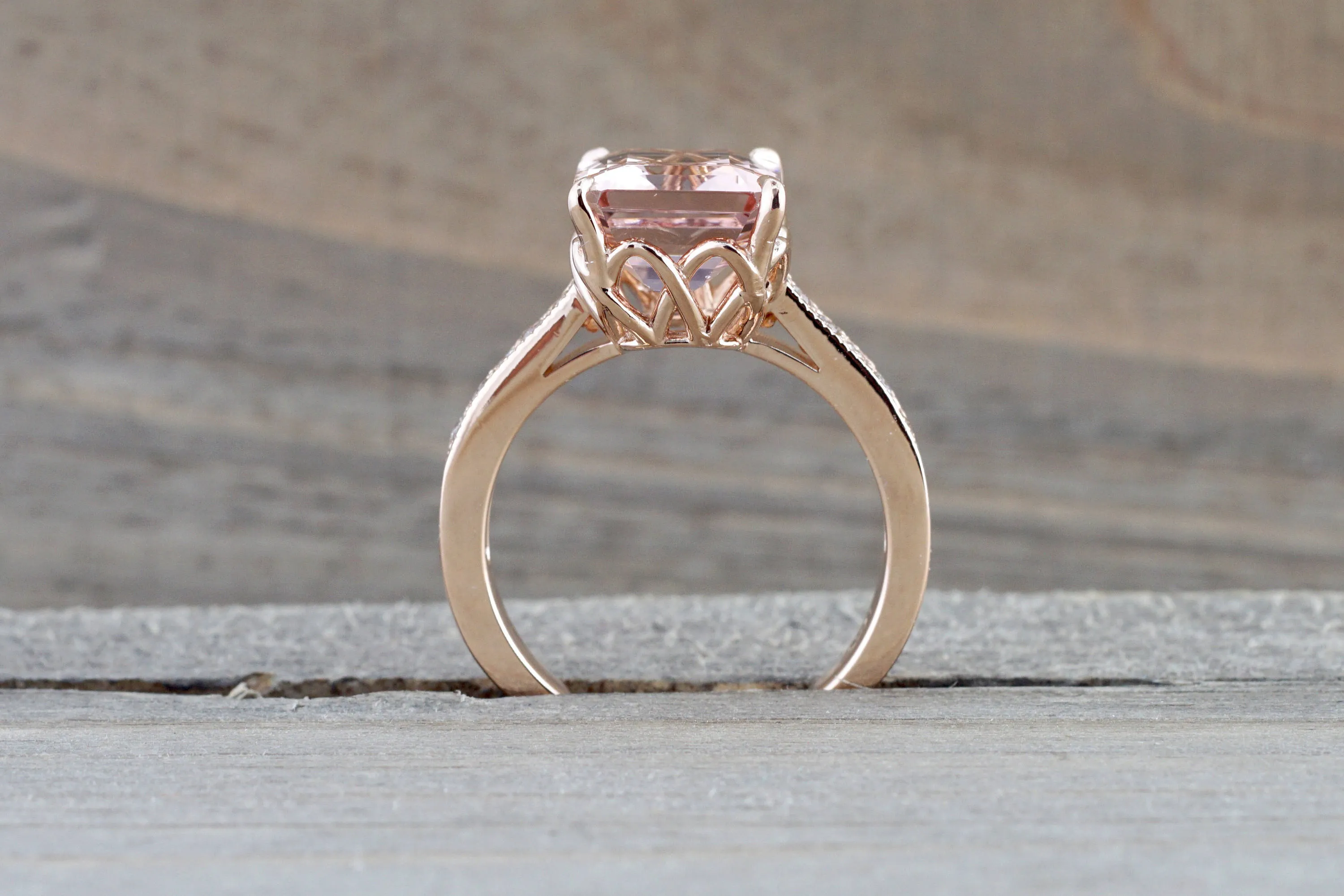 14k Rose Gold EMERALD Cut Pink Peach Morganite Diamond Engagement Promise Ring Rope Bead Vintage