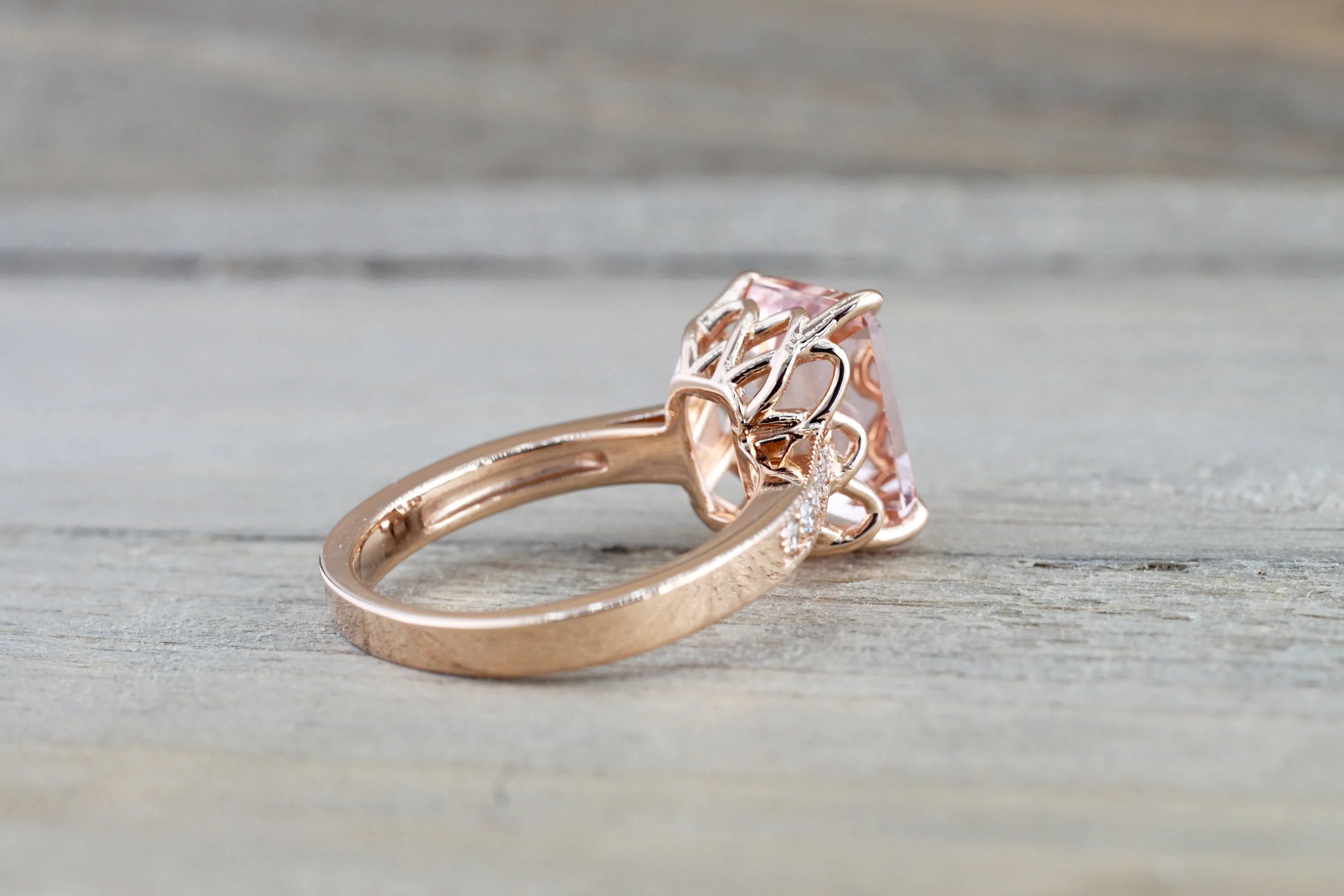 14k Rose Gold EMERALD Cut Pink Peach Morganite Diamond Engagement Promise Ring Rope Bead Vintage