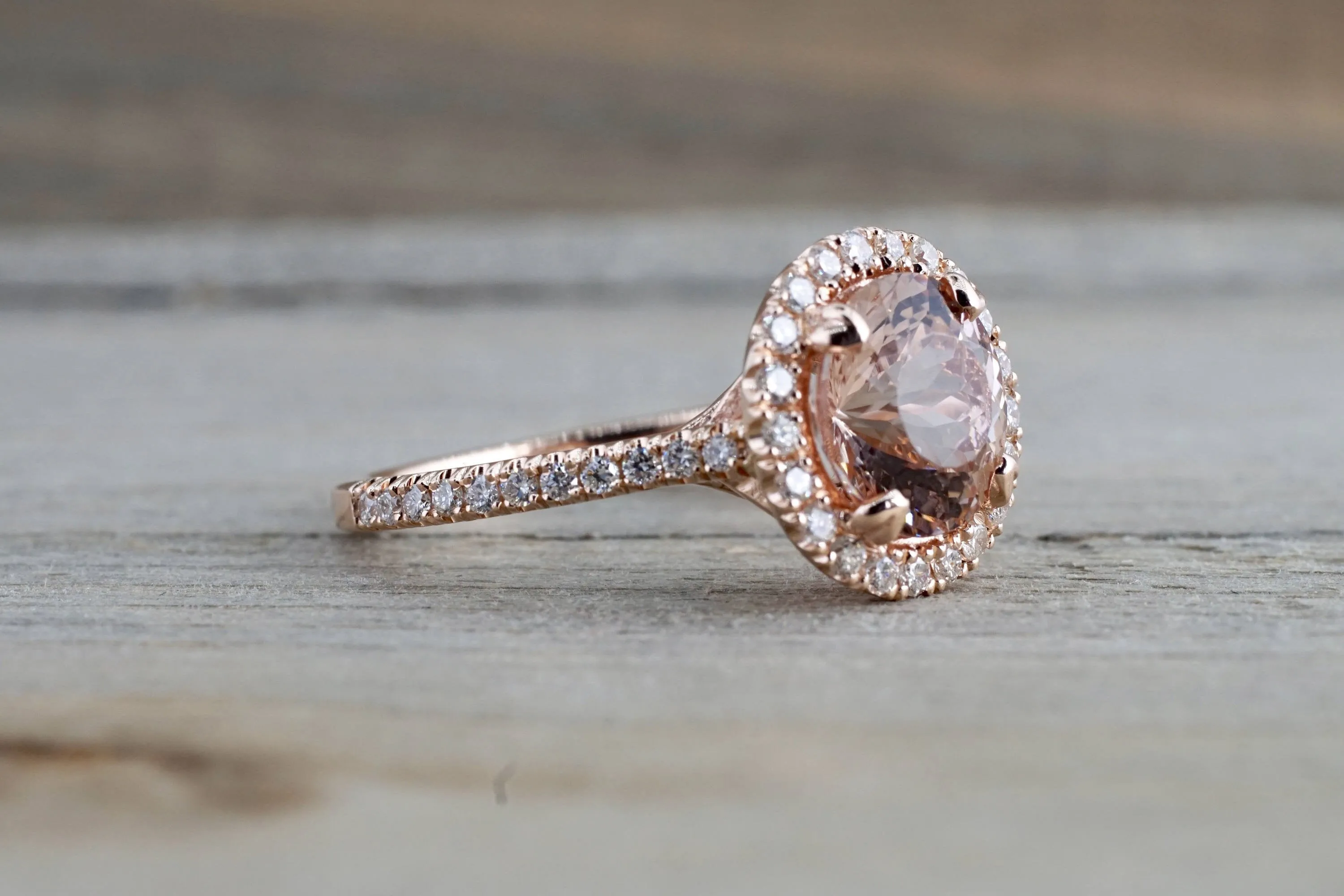 14k Rose Gold Round Peach Pink Morganite Diamond Halo Engagement Anniversary Ring