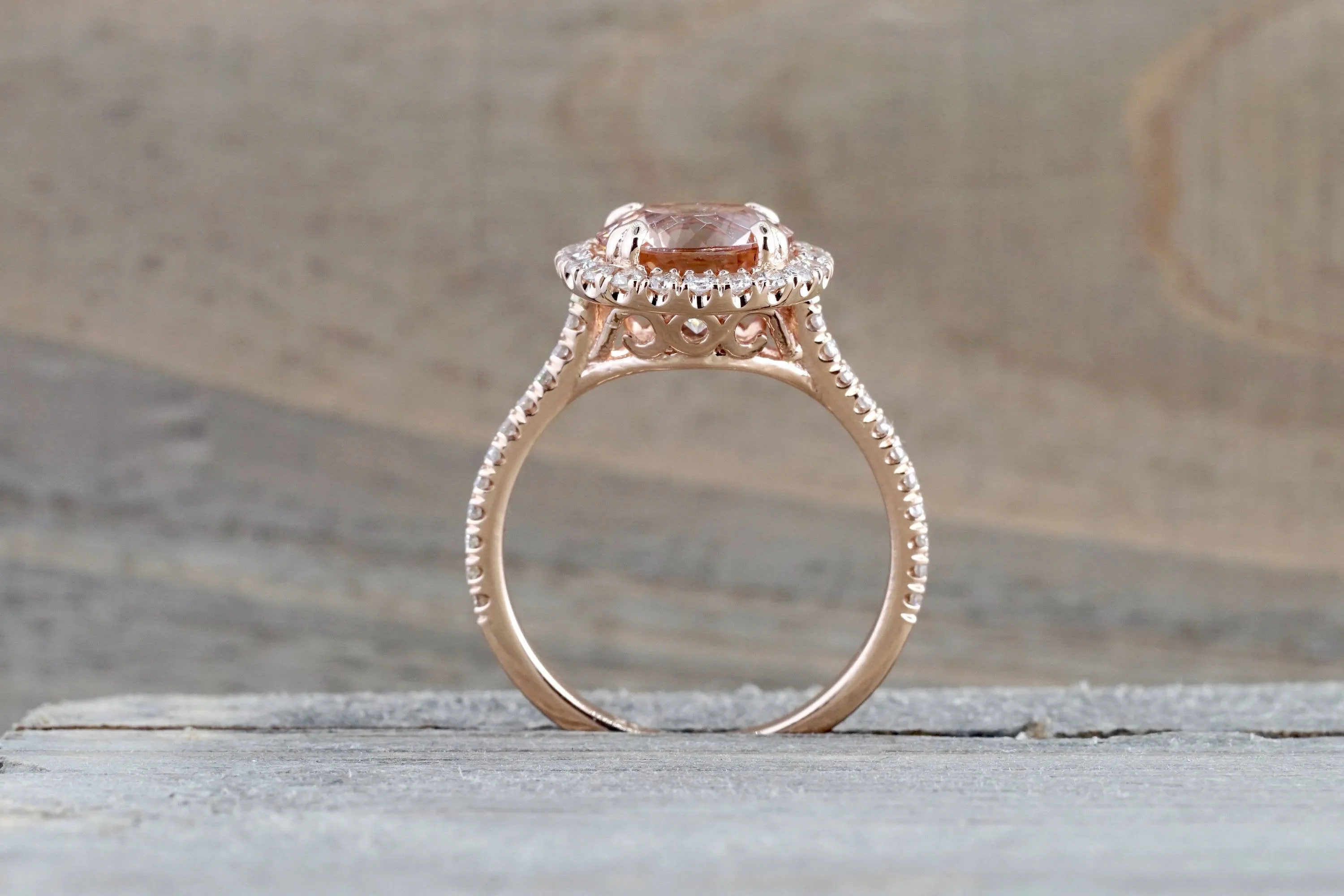 14k Rose Gold Round Peach Pink Morganite Diamond Halo Engagement Anniversary Ring