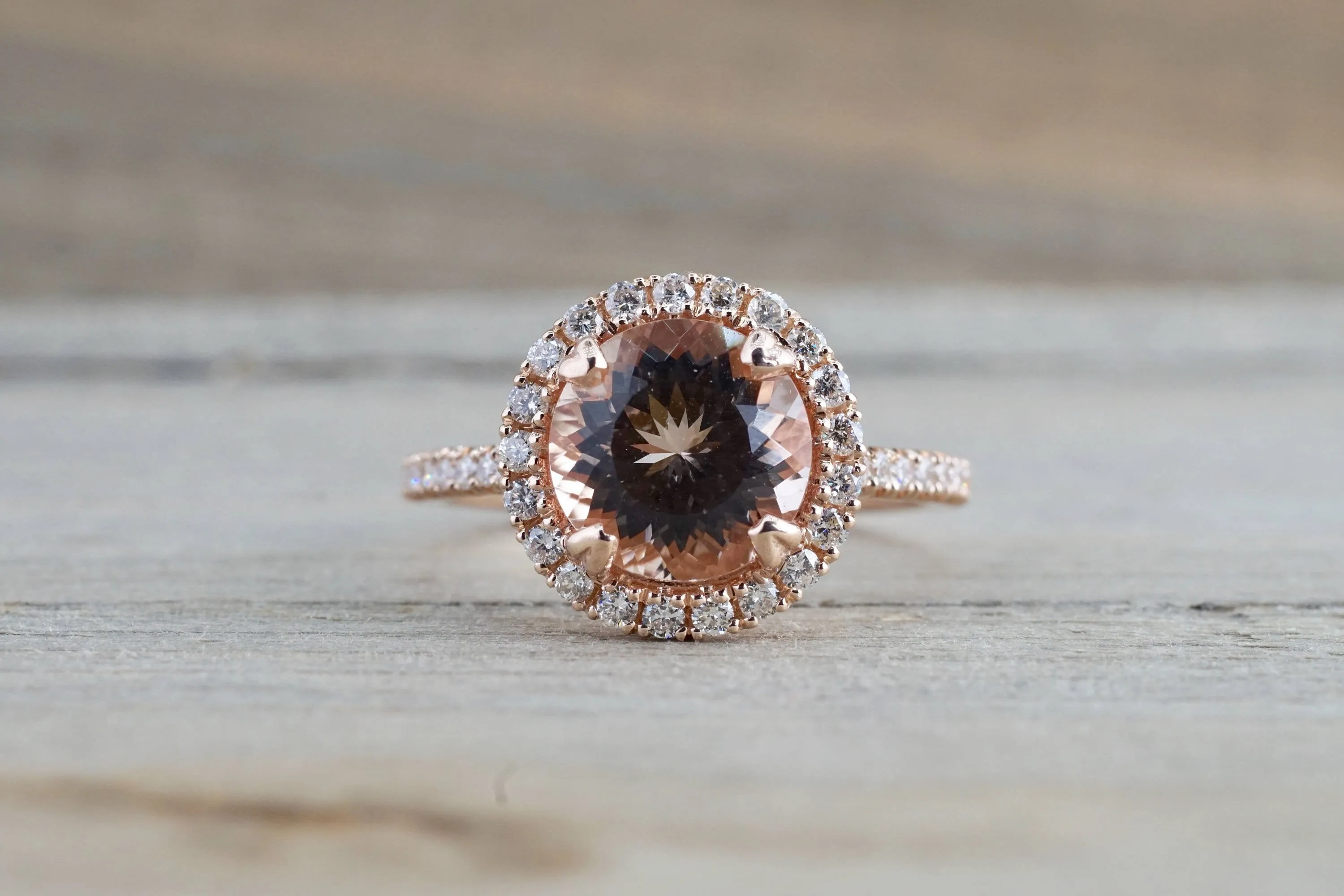 14k Rose Gold Round Peach Pink Morganite Diamond Halo Engagement Anniversary Ring