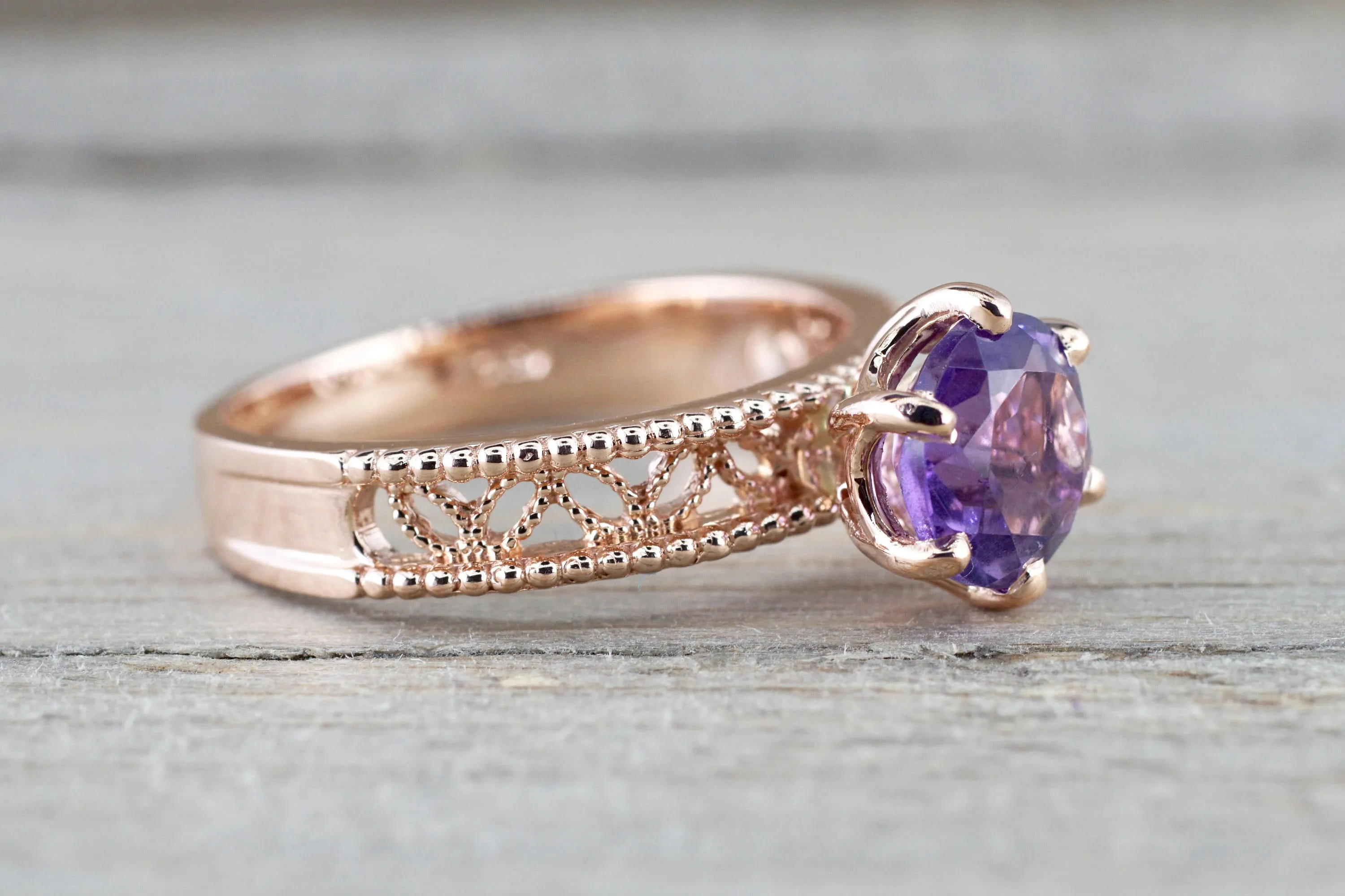 14k Rose Gold Round Purple Amethyst Ring Vintage Floral Milgrain Vines Anniversary Engagement Wedding Ring Band