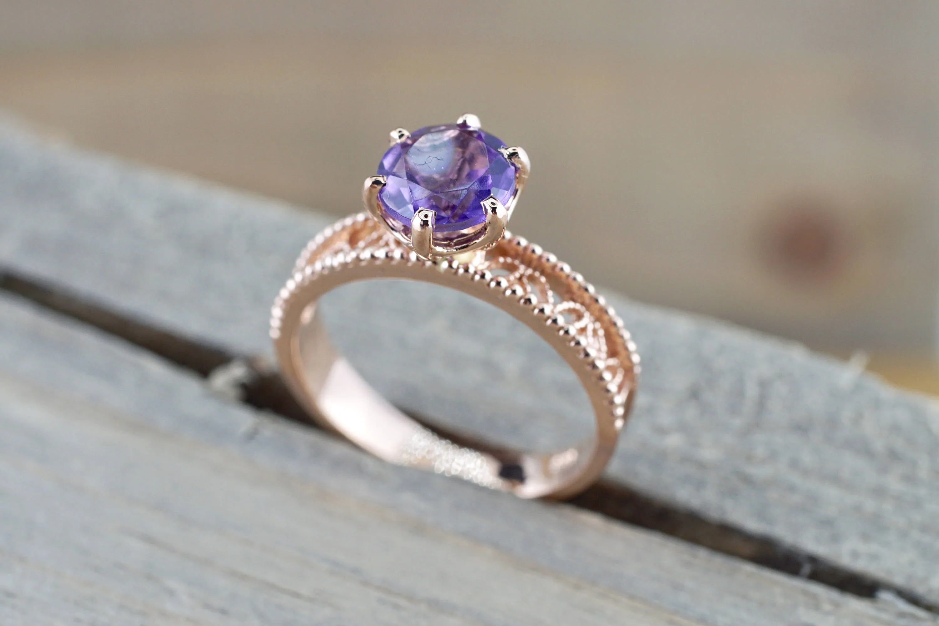 14k Rose Gold Round Purple Amethyst Ring Vintage Floral Milgrain Vines Anniversary Engagement Wedding Ring Band