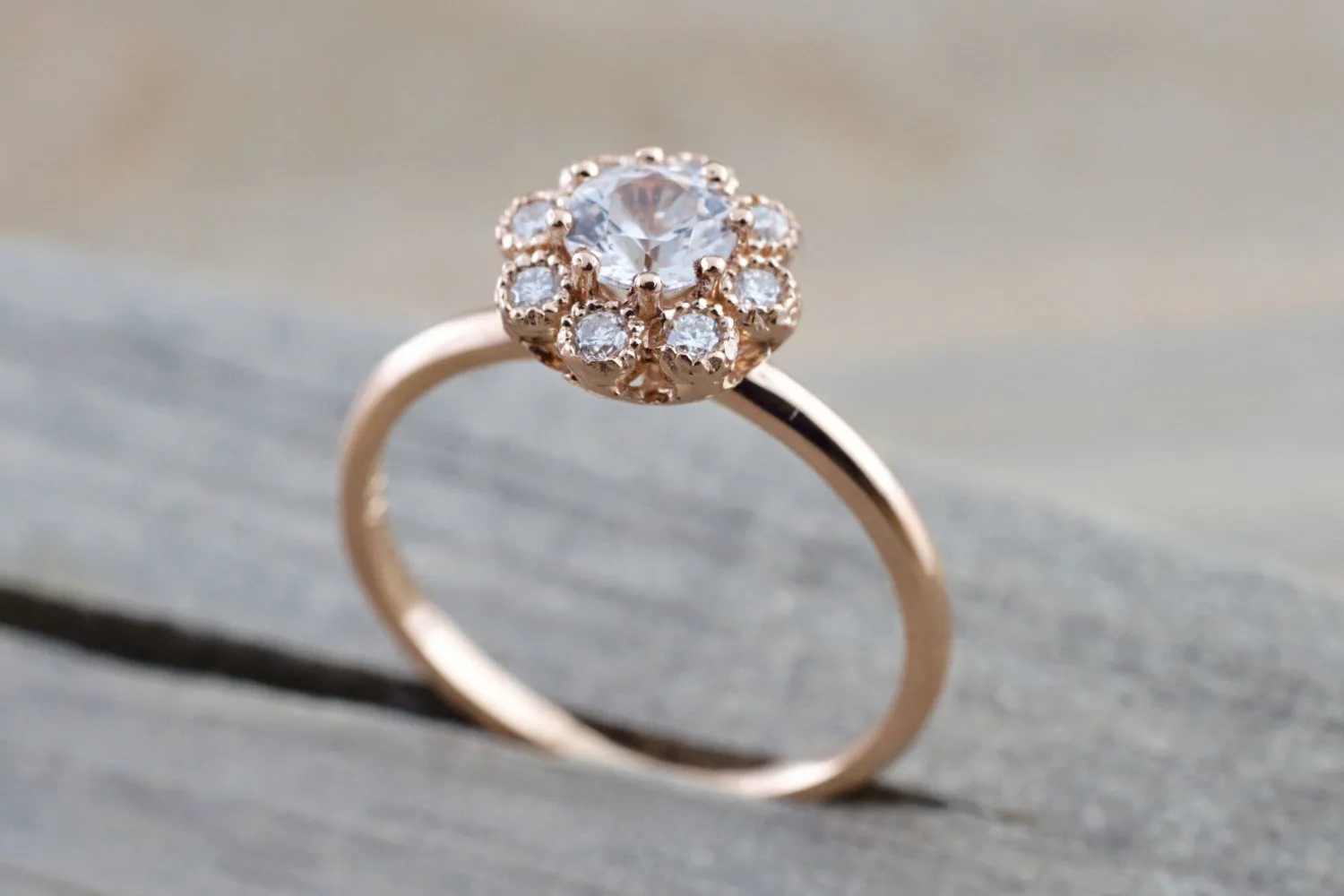 14k Rose Gold Round White Sapphire Diamond Halo Engagement Ring Band Floral Flower