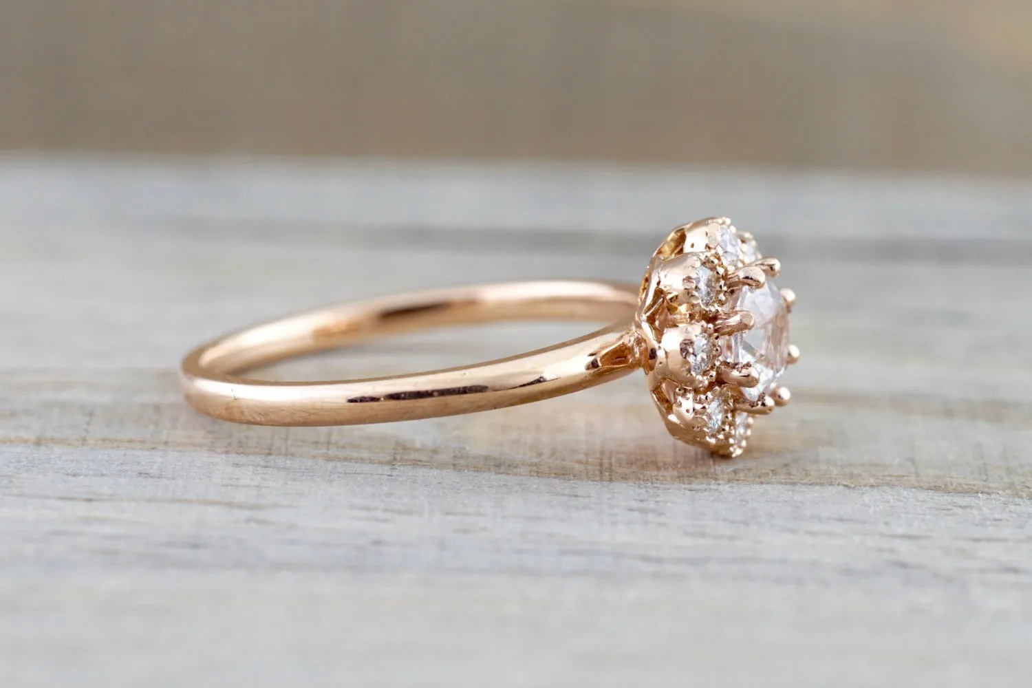 14k Rose Gold Round White Sapphire Diamond Halo Engagement Ring Band Floral Flower