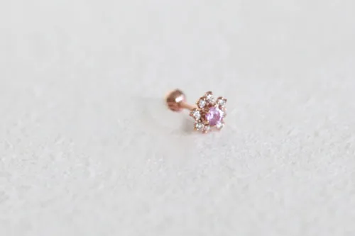 14K Solid Gold Cognac and Pink Sapphire Helix Tragus Cartilage Conch Barbell Piercing Earring Stud