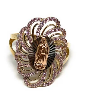 14k Solid Gold Tri-Color Virrgin Mary Pink CZ Fancy Ring