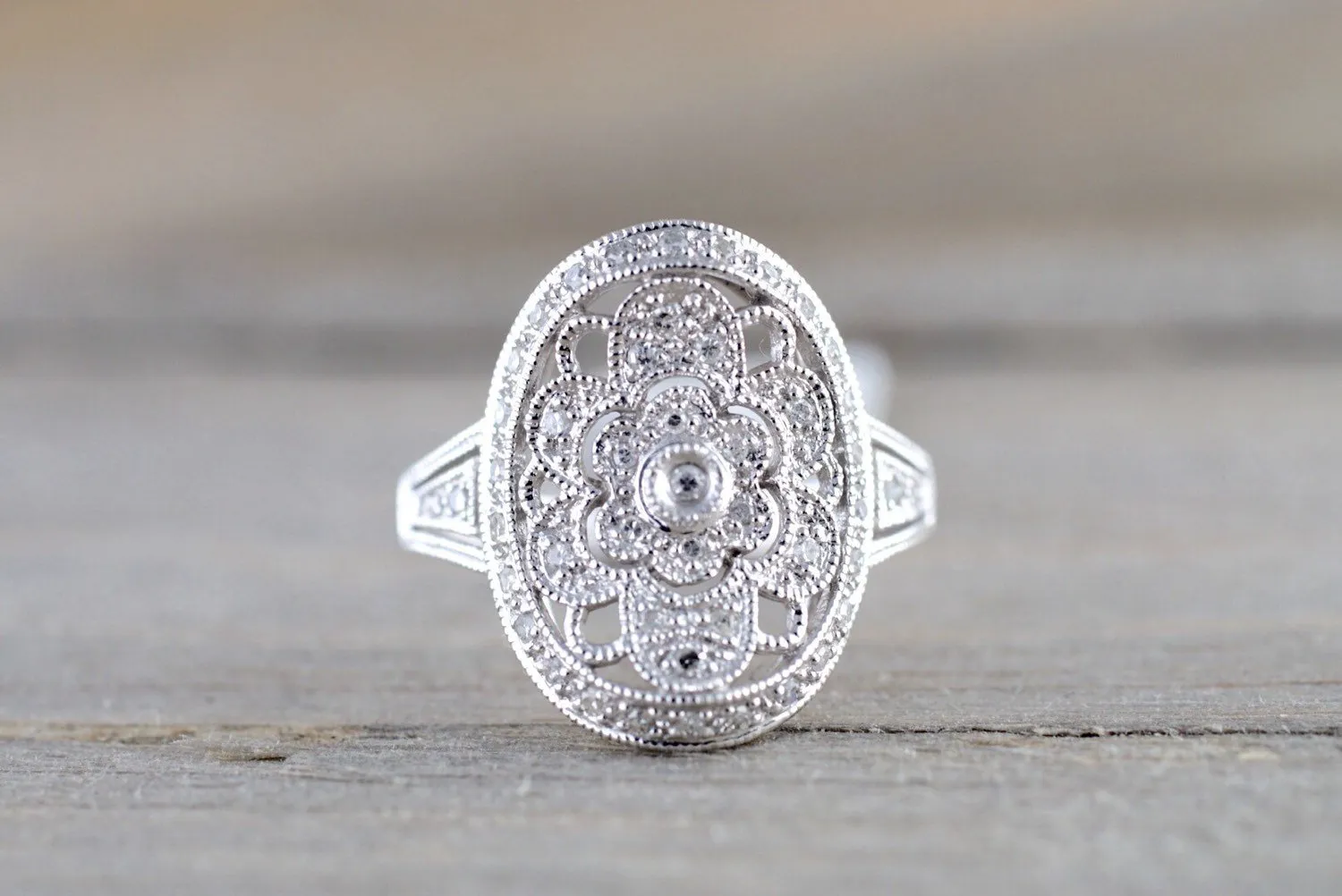 14k White Gold Vintage Art Deco Floral Vine Milgrain Filigree Etching Ring  Engagement Wedding Promise Ring Princess