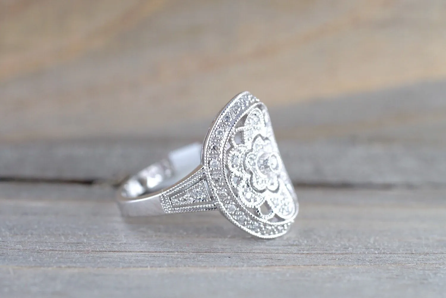 14k White Gold Vintage Art Deco Floral Vine Milgrain Filigree Etching Ring  Engagement Wedding Promise Ring Princess