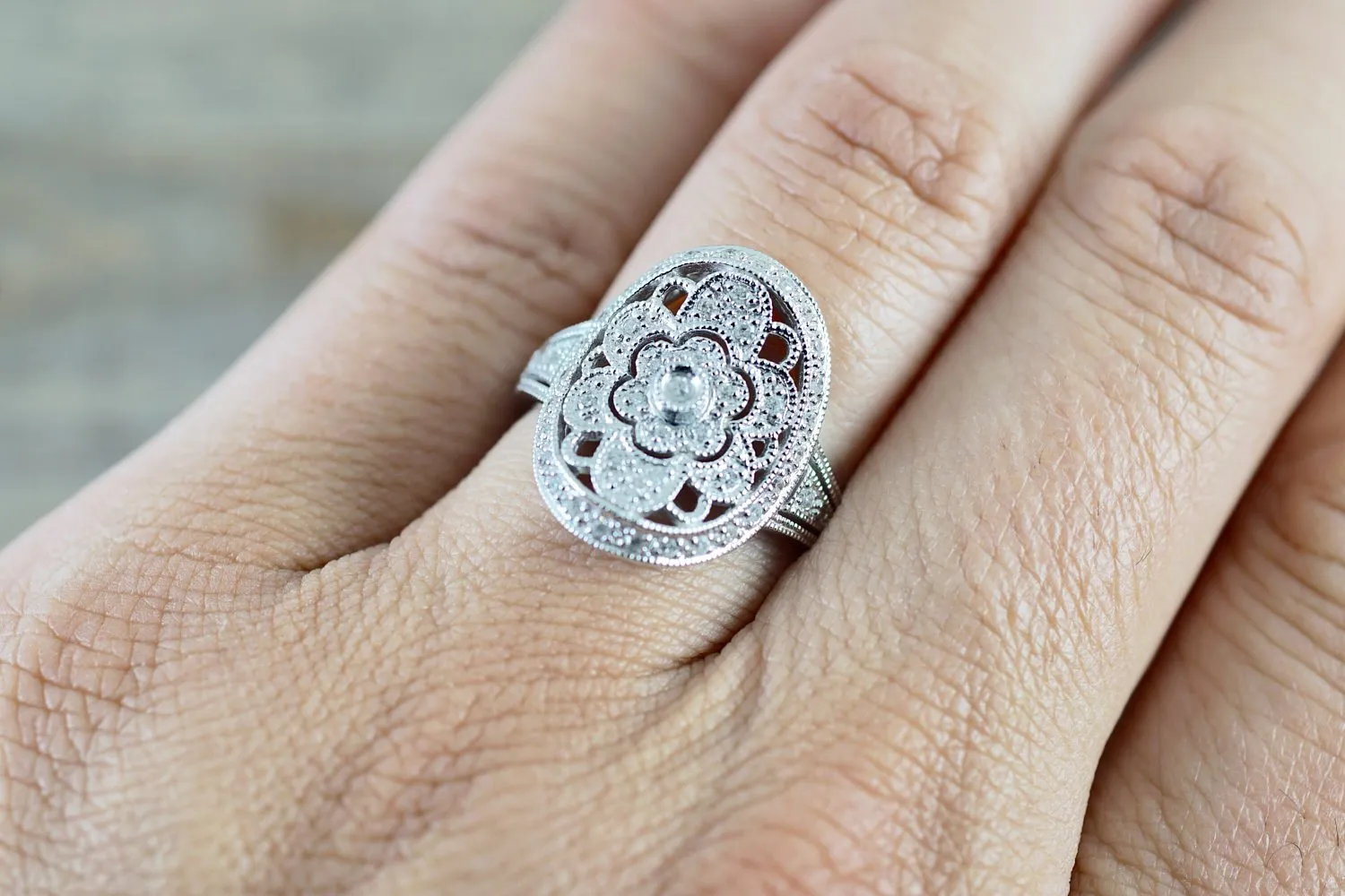 14k White Gold Vintage Art Deco Floral Vine Milgrain Filigree Etching Ring  Engagement Wedding Promise Ring Princess