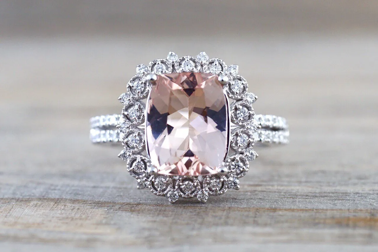 18k White Gold Floral Double Halo Cushion Morganite Ring