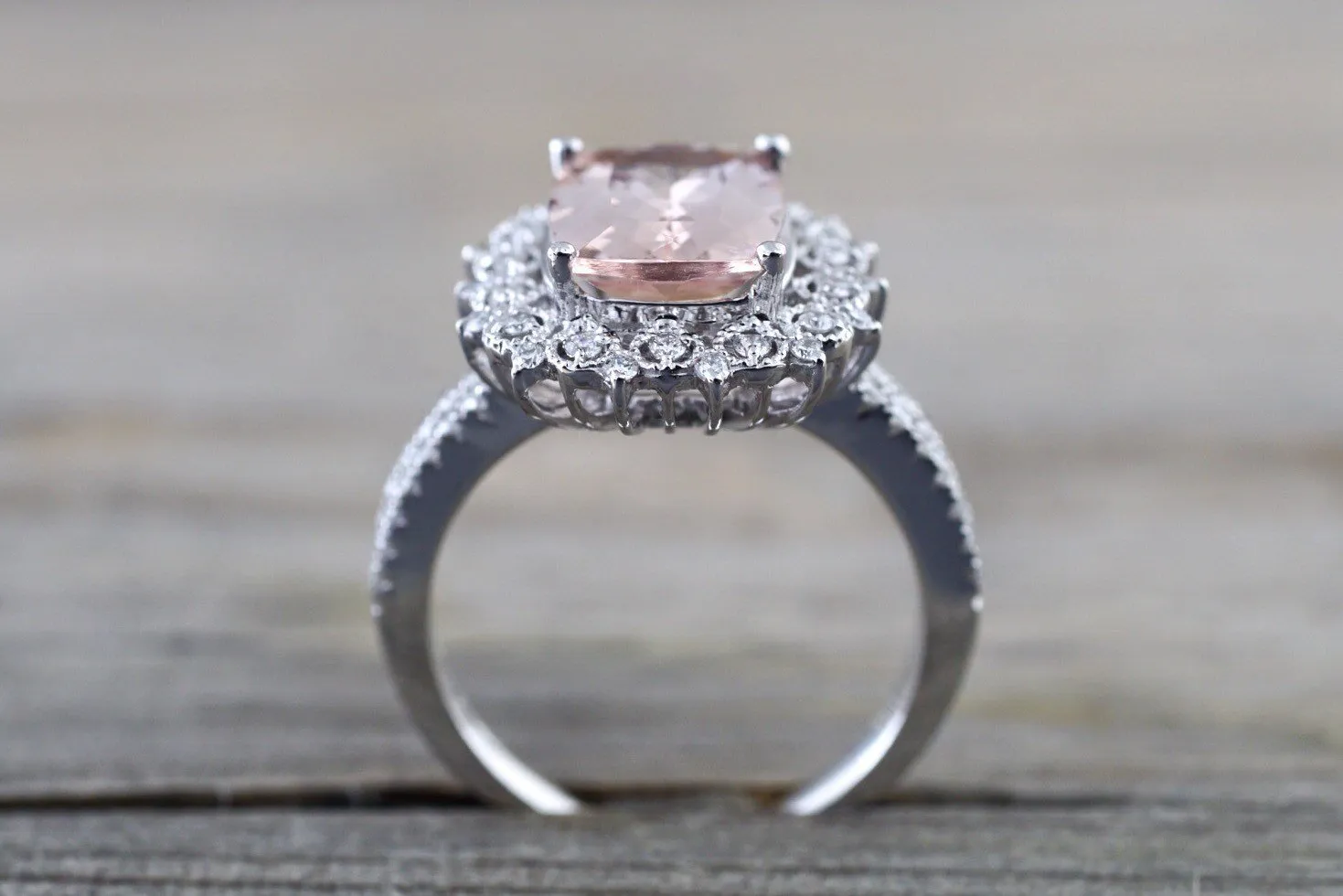 18k White Gold Floral Double Halo Cushion Morganite Ring