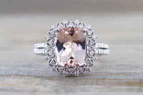 18k White Gold Floral Double Halo Cushion Morganite Ring