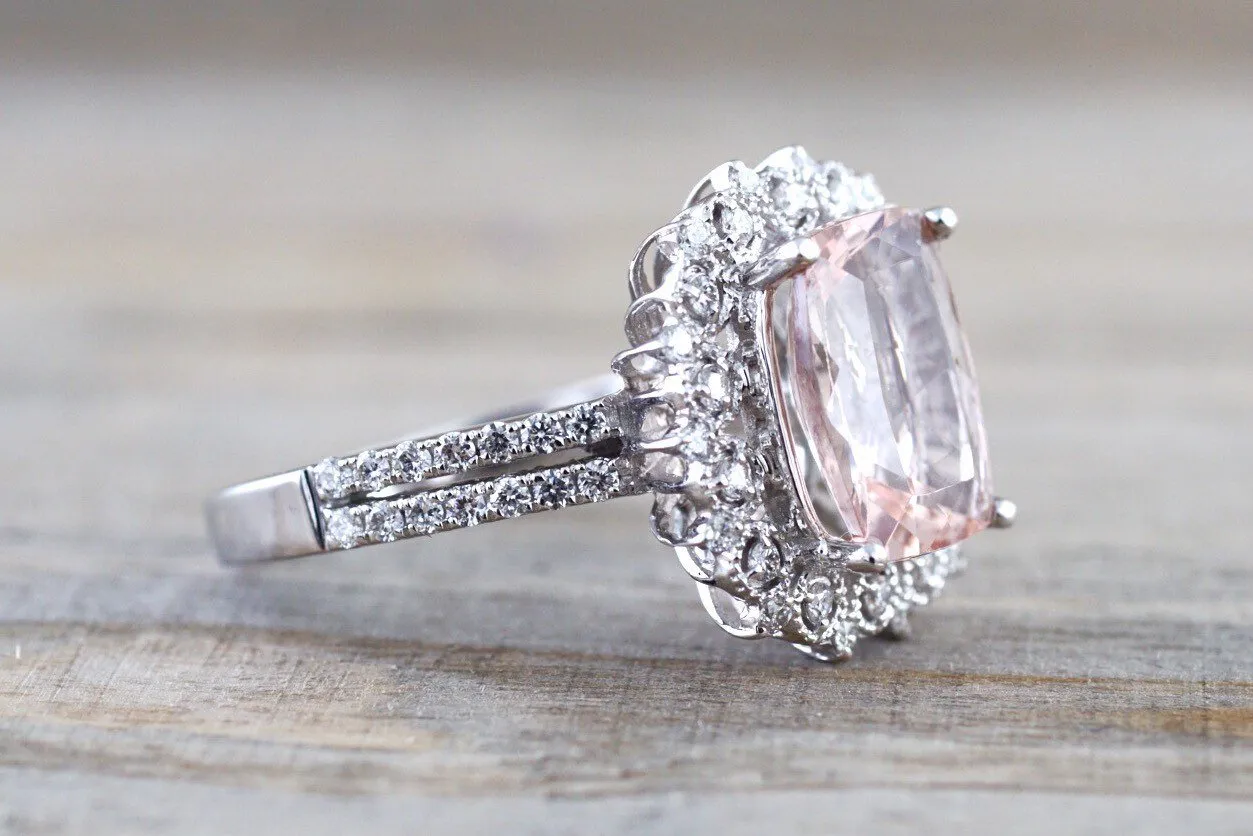 18k White Gold Floral Double Halo Cushion Morganite Ring