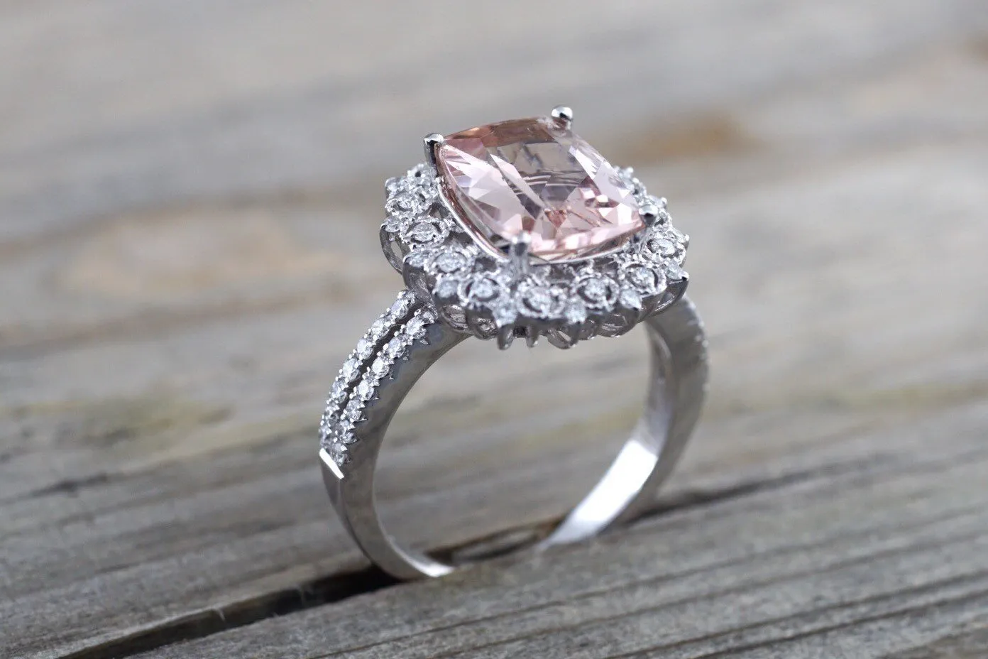 18k White Gold Floral Double Halo Cushion Morganite Ring