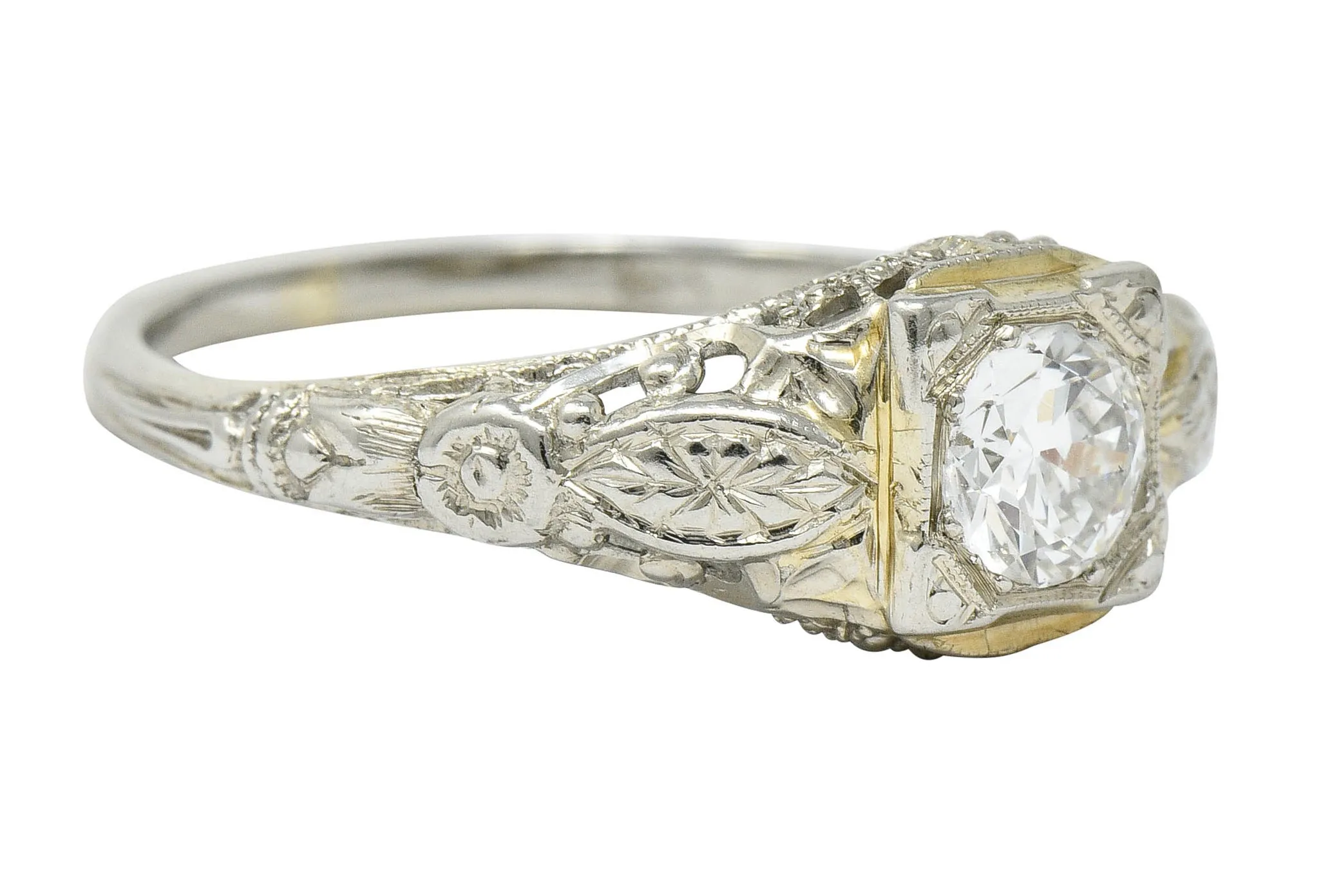 1920's Art Deco 0.35 CTW 18 Karat White Gold Floral Engagement Ring