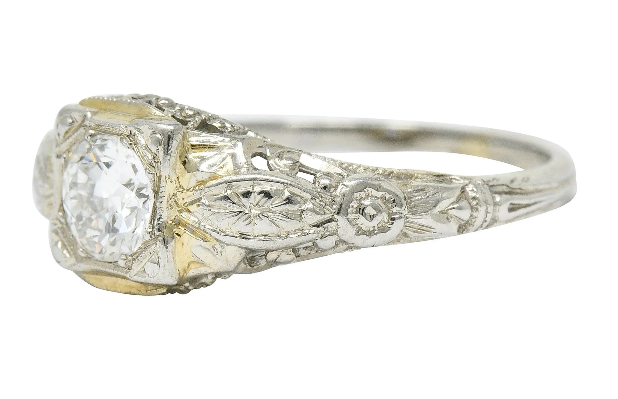 1920's Art Deco 0.35 CTW 18 Karat White Gold Floral Engagement Ring