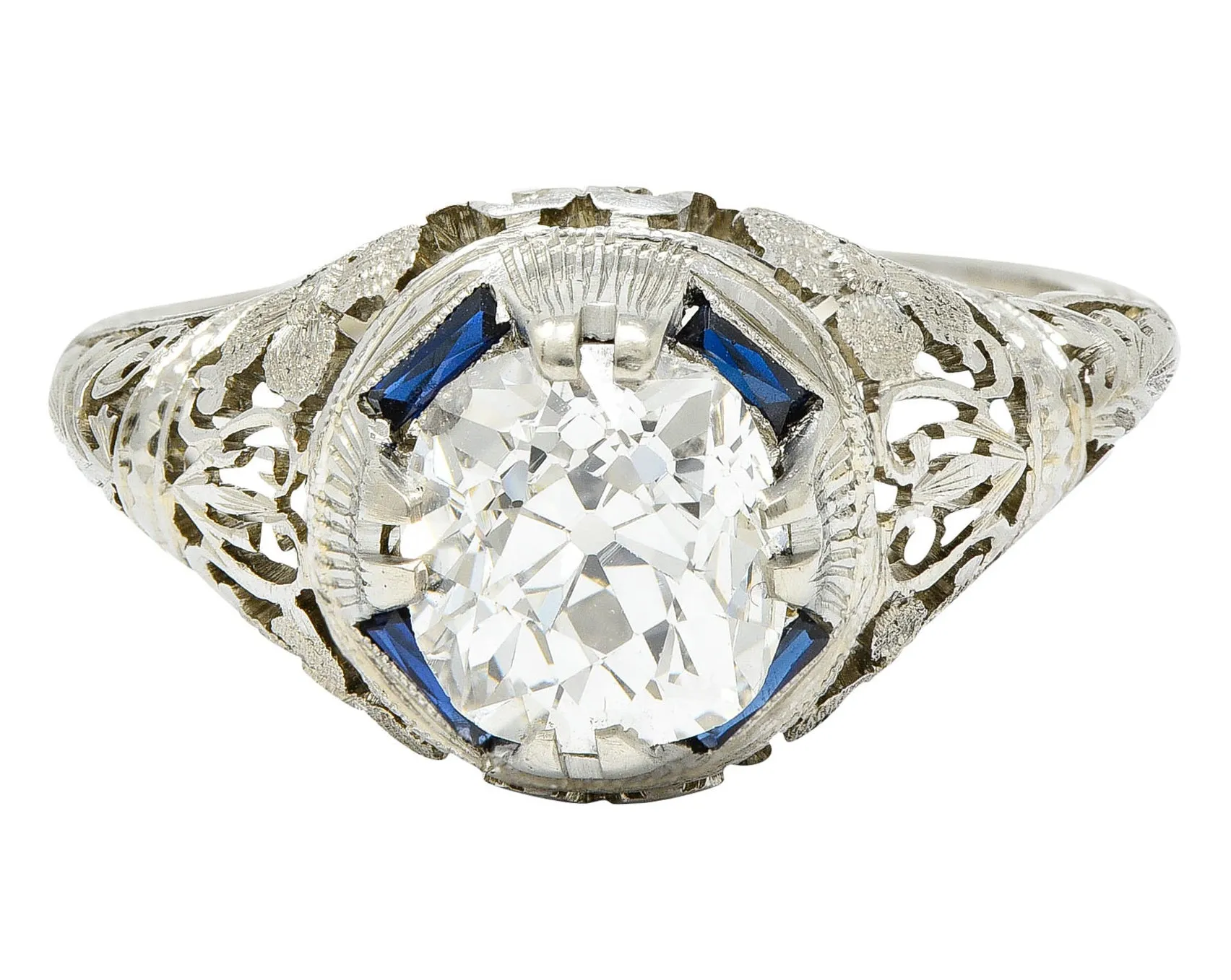 1920's Art Deco 1.76 CTW Diamond Sapphire 18 Karat White Gold Floral Antique Engagement Ring