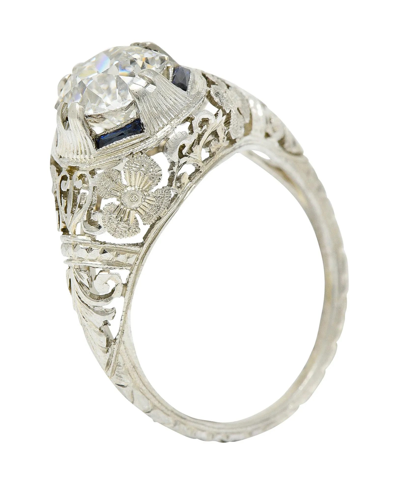 1920's Art Deco 1.76 CTW Diamond Sapphire 18 Karat White Gold Floral Antique Engagement Ring