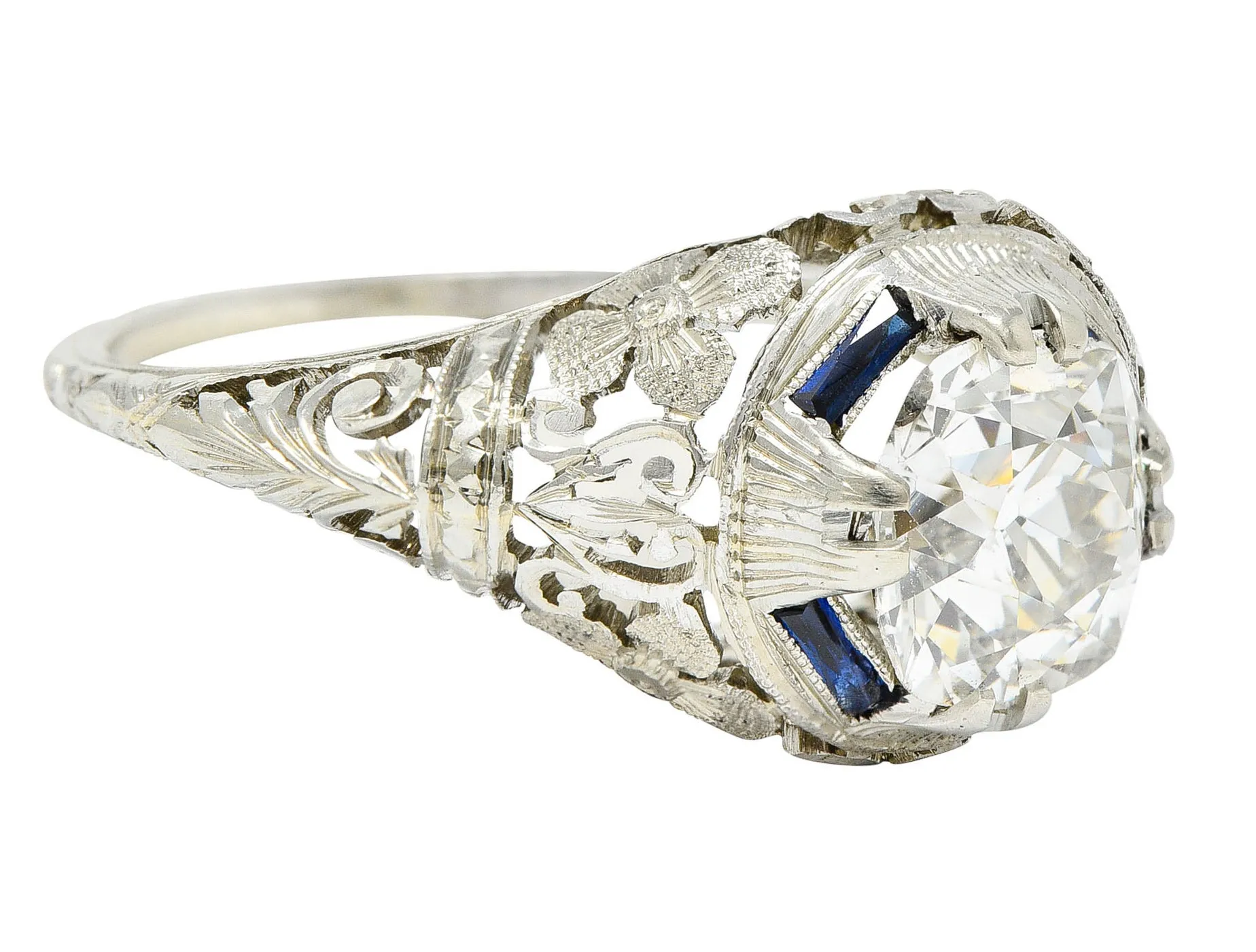 1920's Art Deco 1.76 CTW Diamond Sapphire 18 Karat White Gold Floral Antique Engagement Ring