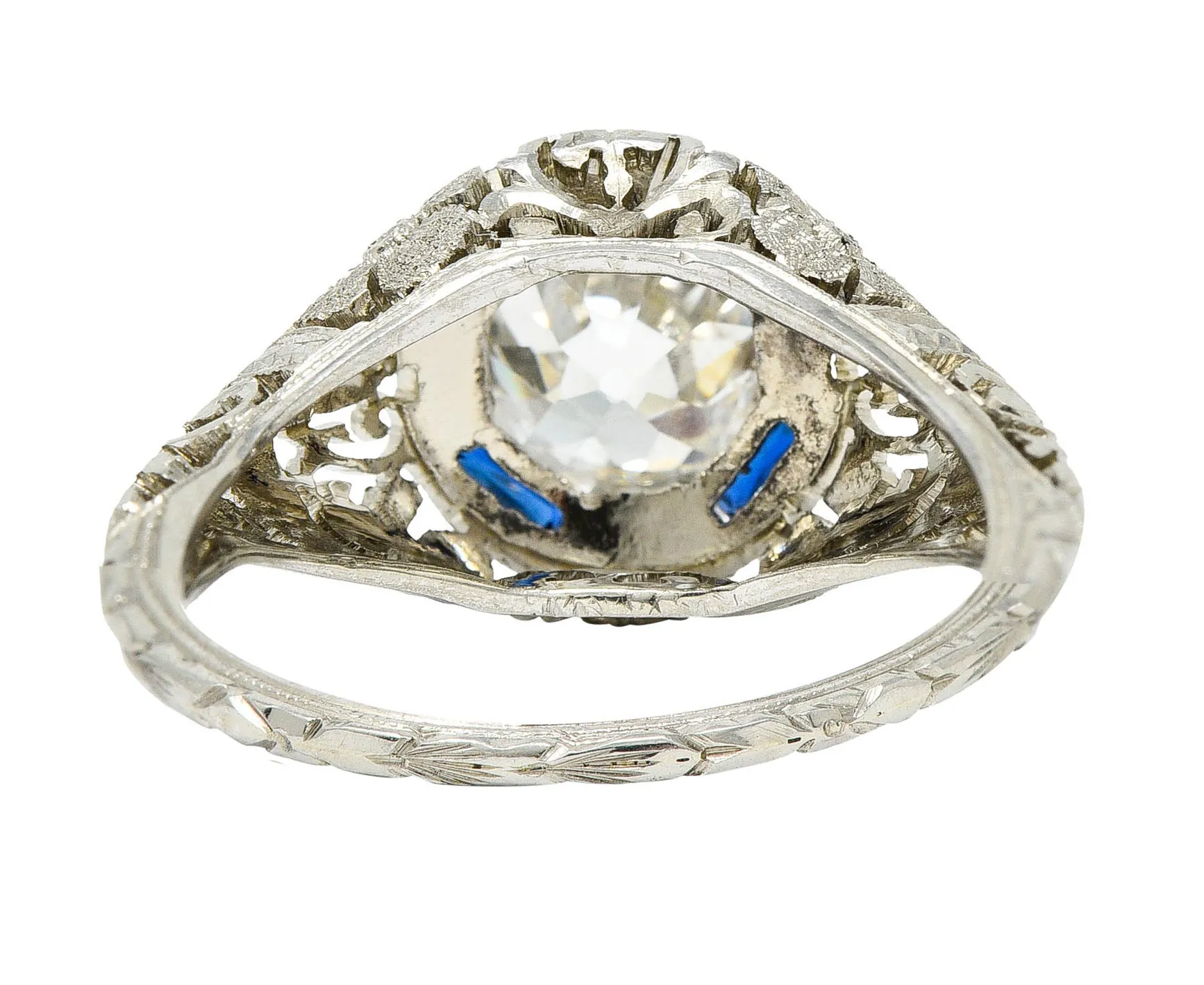 1920's Art Deco 1.76 CTW Diamond Sapphire 18 Karat White Gold Floral Antique Engagement Ring