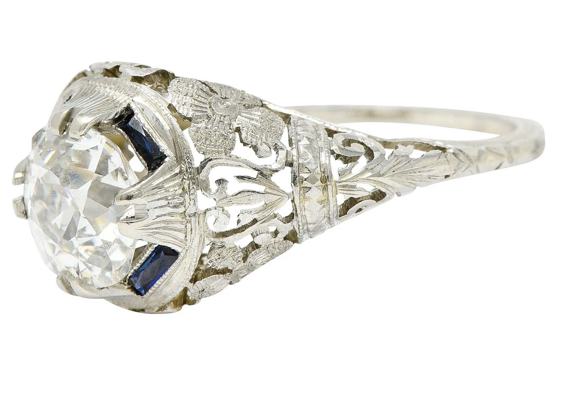 1920's Art Deco 1.76 CTW Diamond Sapphire 18 Karat White Gold Floral Antique Engagement Ring