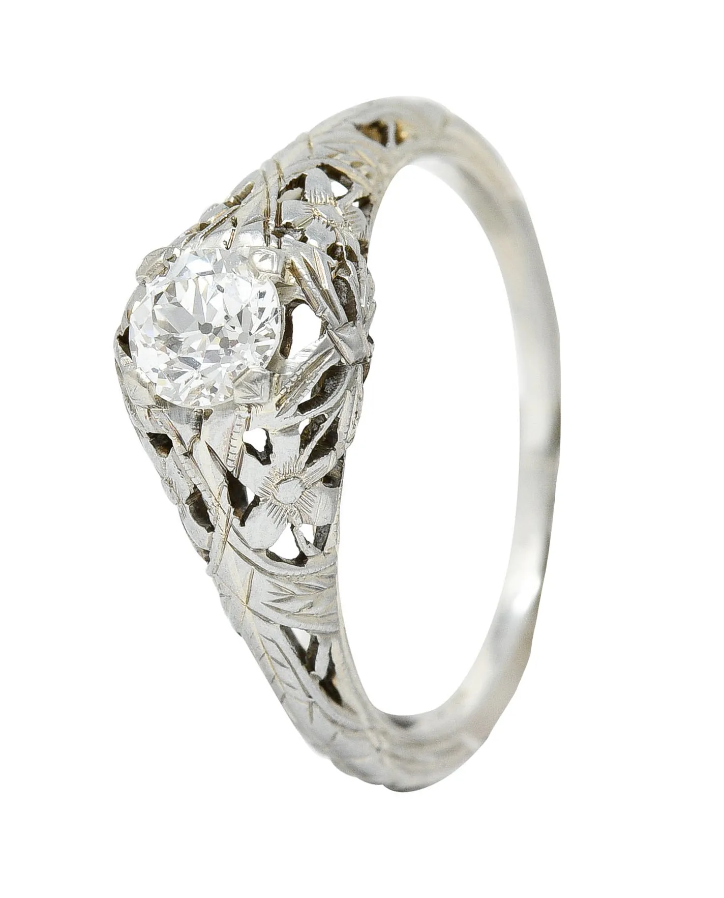 1930's Belias 0.45 CTW Diamond 18 Karat White Gold Floral Engagement Ring