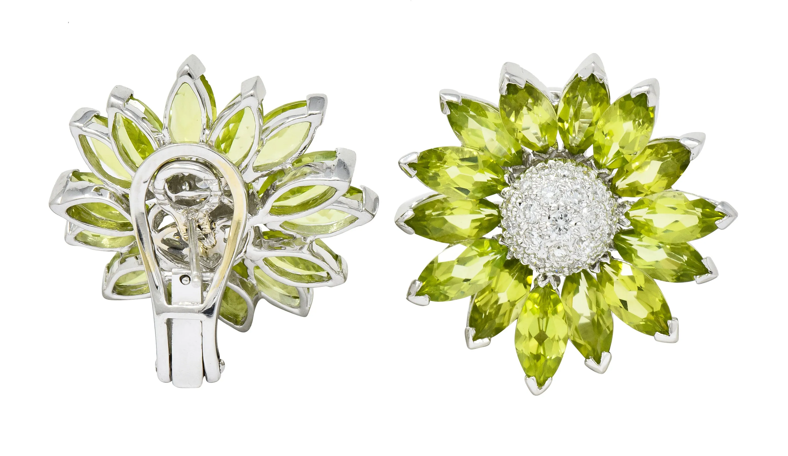 1990's Contemporary Diamond Peridot 18 Karat White Gold Radiating Floral Earrings