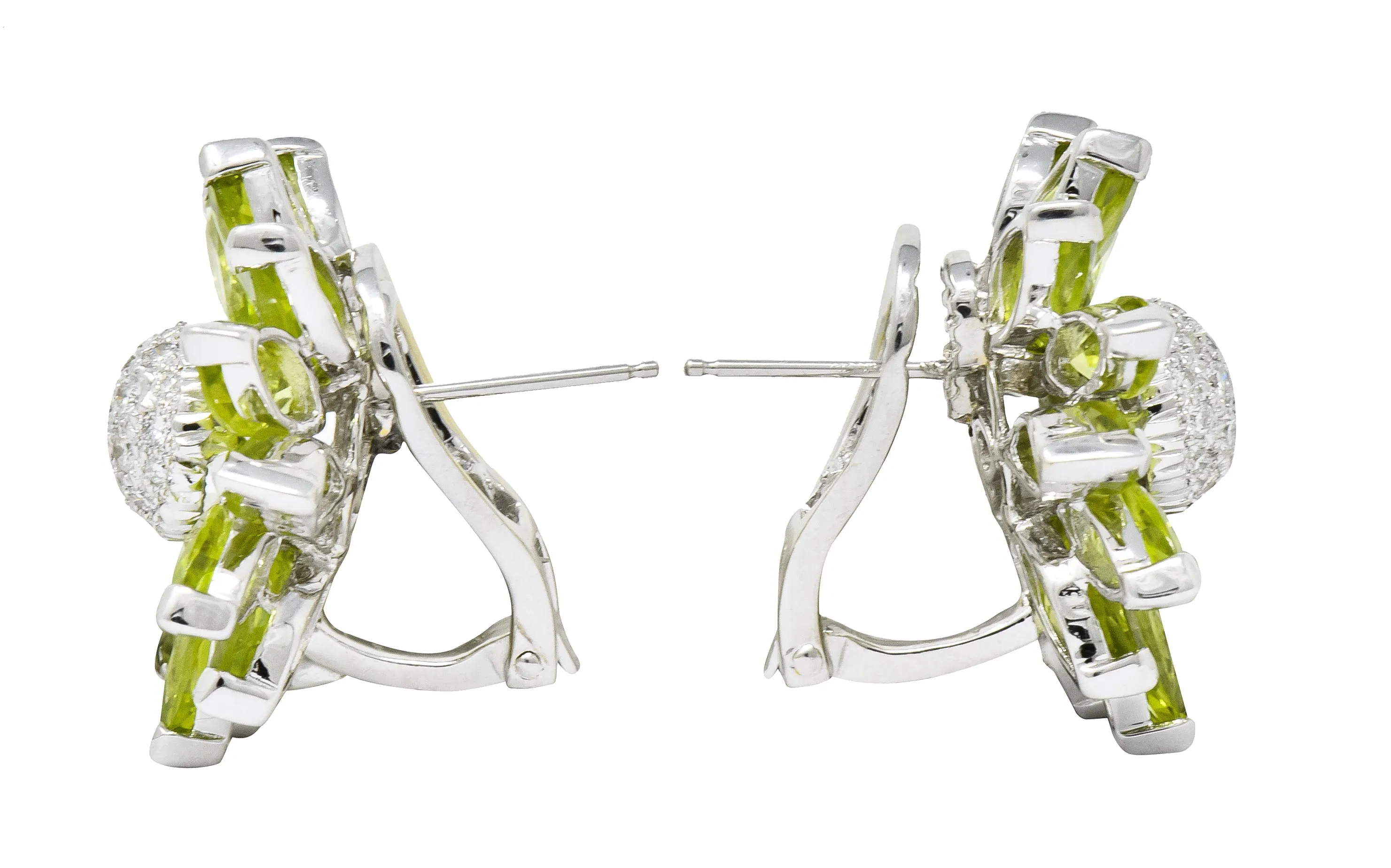 1990's Contemporary Diamond Peridot 18 Karat White Gold Radiating Floral Earrings