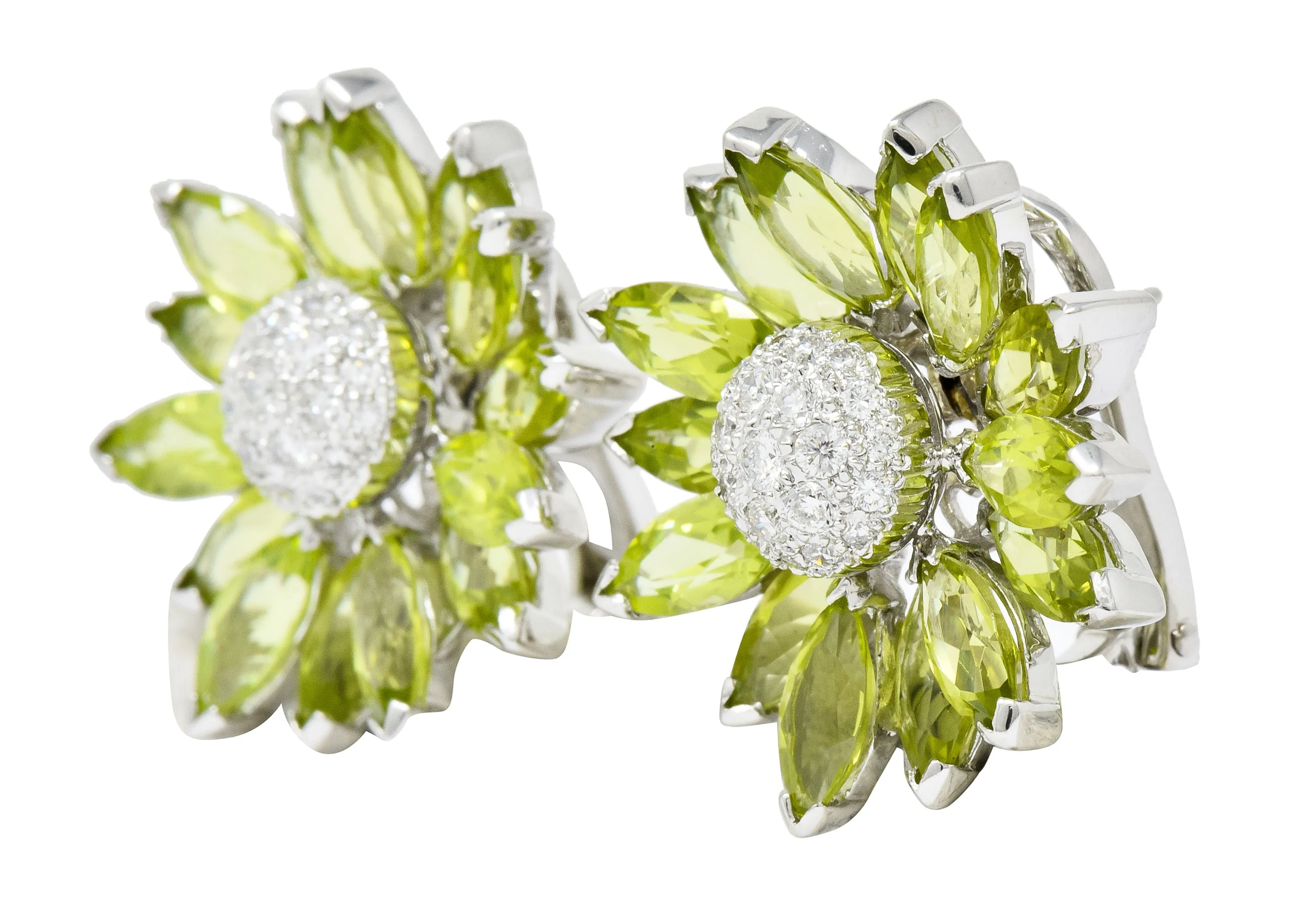 1990's Contemporary Diamond Peridot 18 Karat White Gold Radiating Floral Earrings