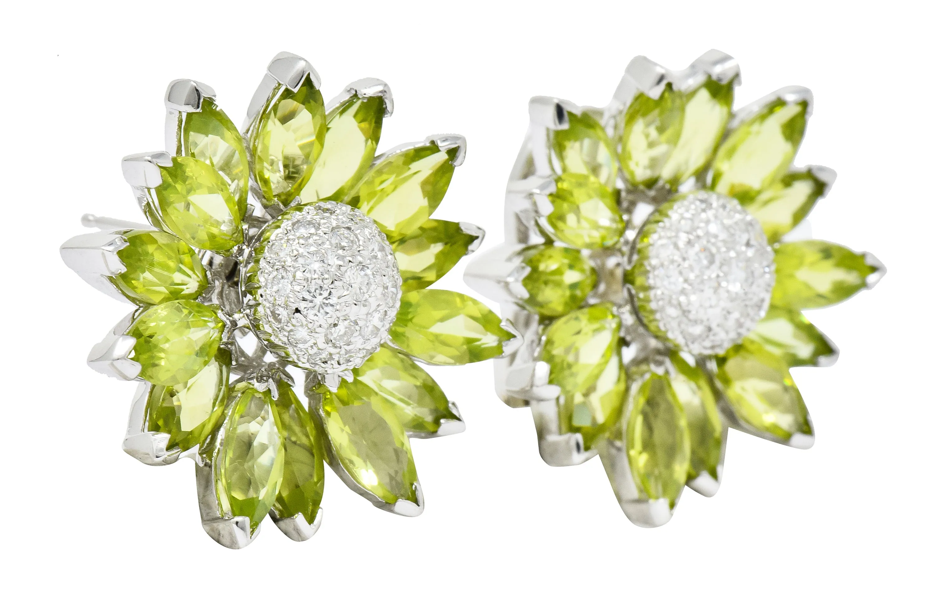 1990's Contemporary Diamond Peridot 18 Karat White Gold Radiating Floral Earrings