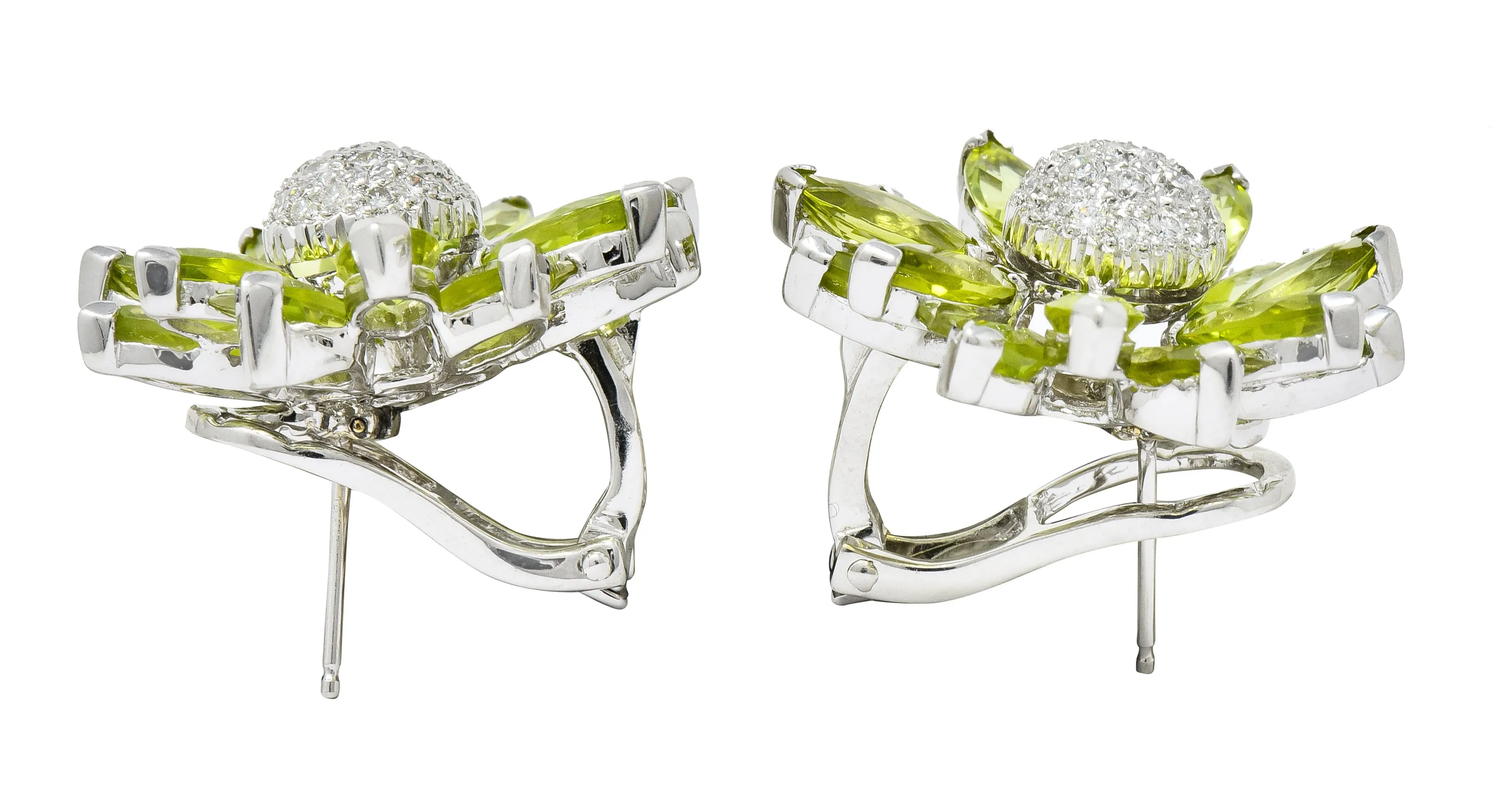 1990's Contemporary Diamond Peridot 18 Karat White Gold Radiating Floral Earrings