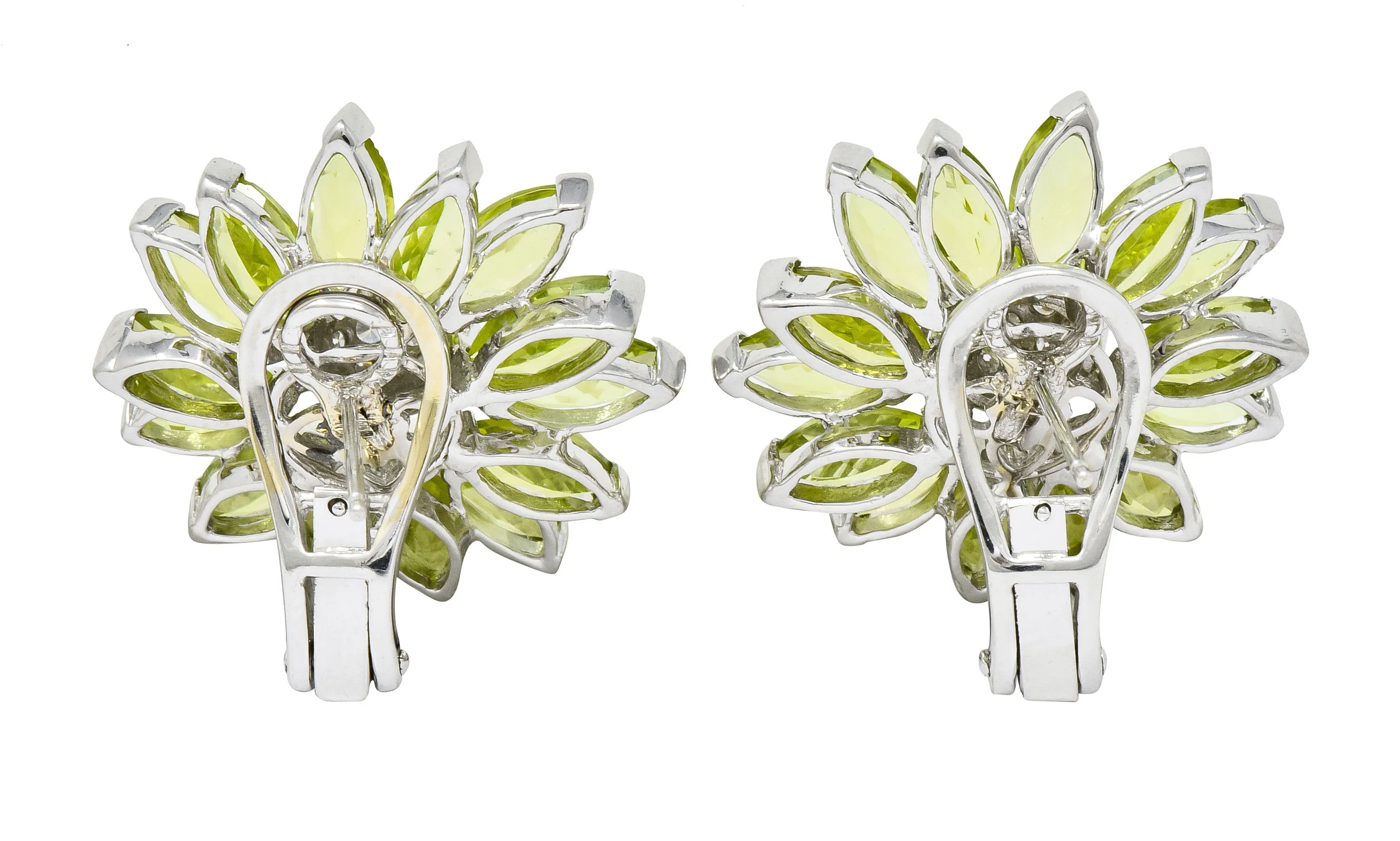 1990's Contemporary Diamond Peridot 18 Karat White Gold Radiating Floral Earrings