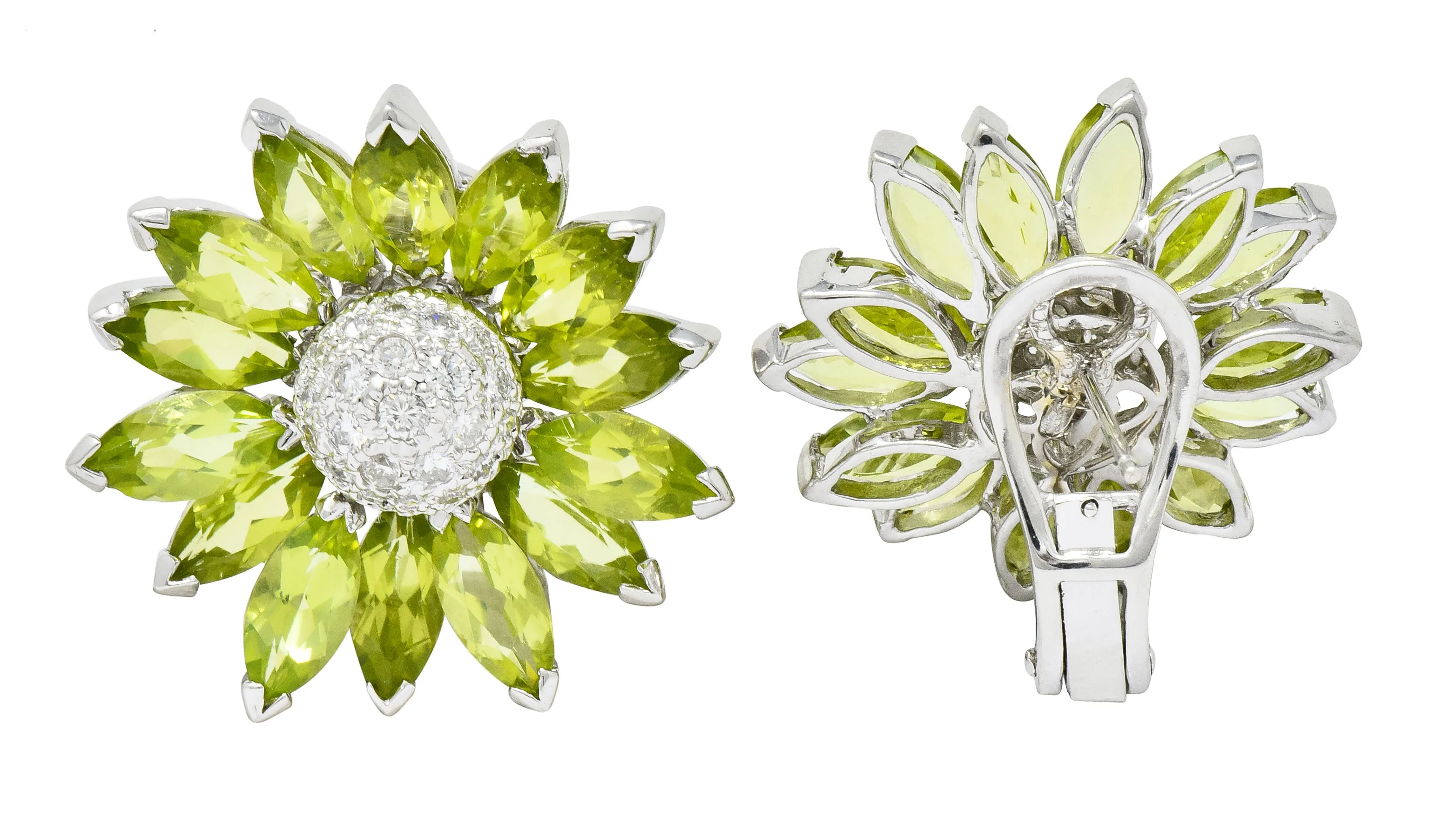 1990's Contemporary Diamond Peridot 18 Karat White Gold Radiating Floral Earrings