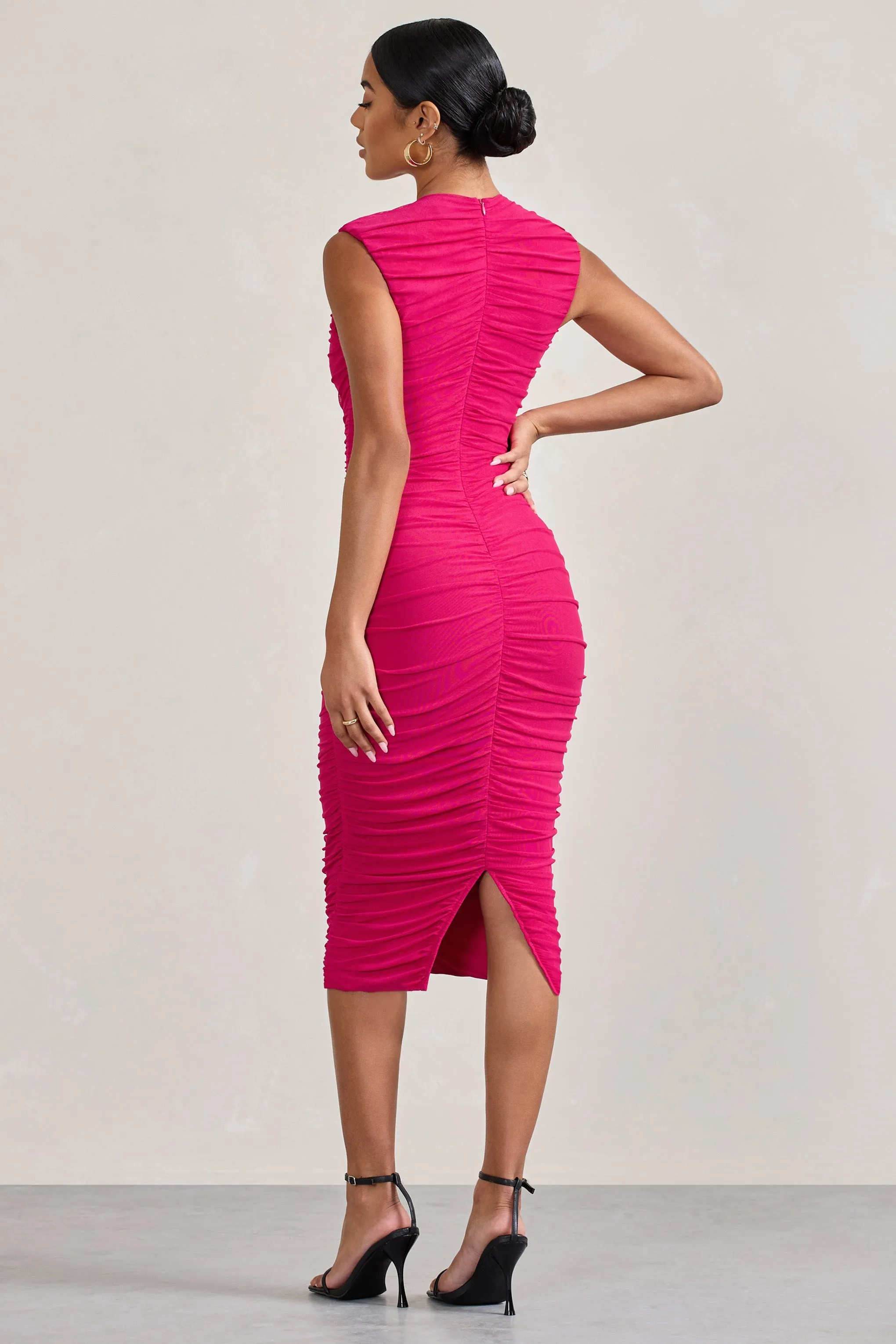 Alight | Fuchsia Pink Ruched Mesh Sleeveless Bodycon Midi Dress