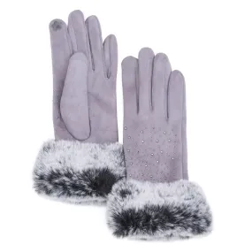 Audrey Faux Fur Gloves in Grey with Grey Crystals