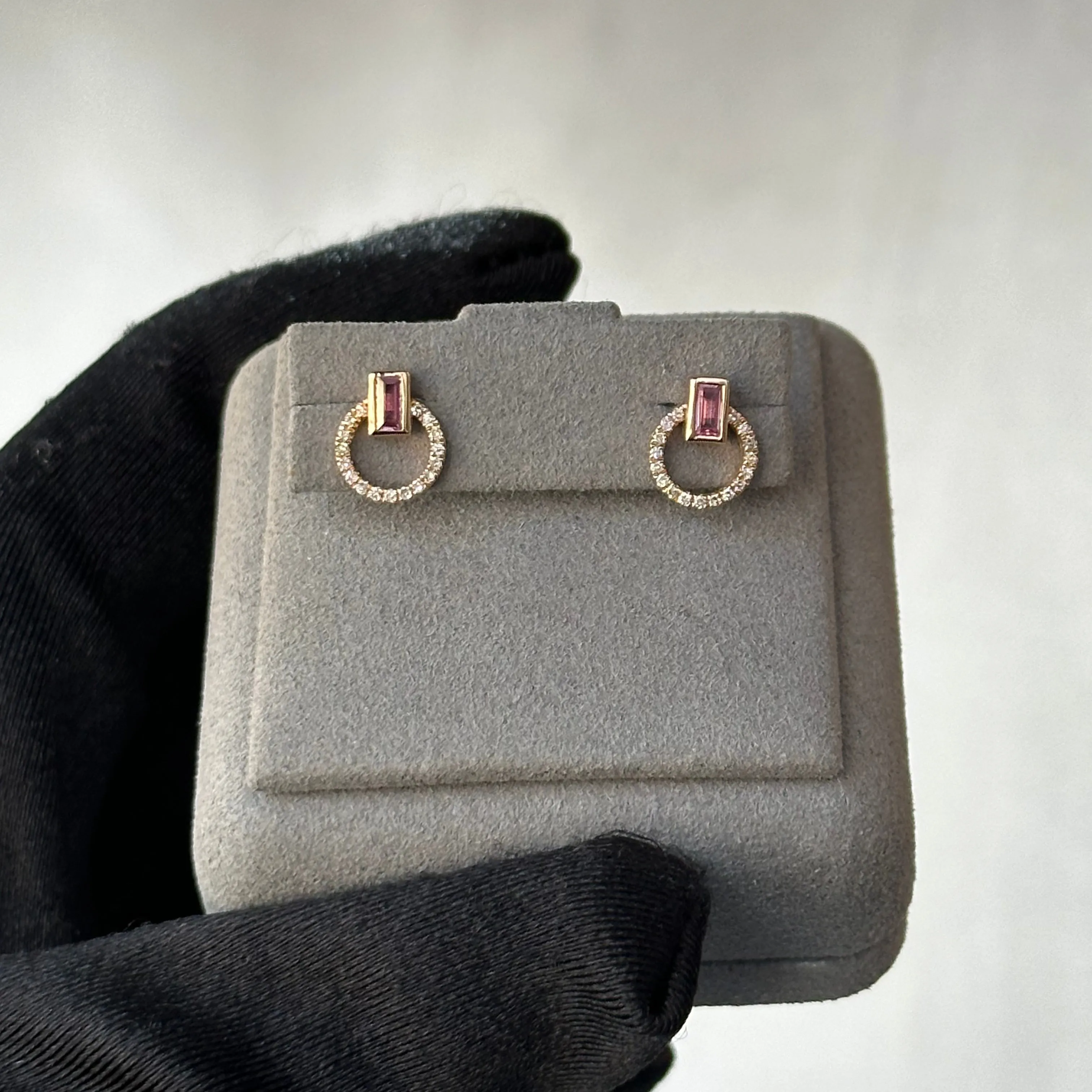 Baguette Pink Sapphire with Diamonds Stud Earrings