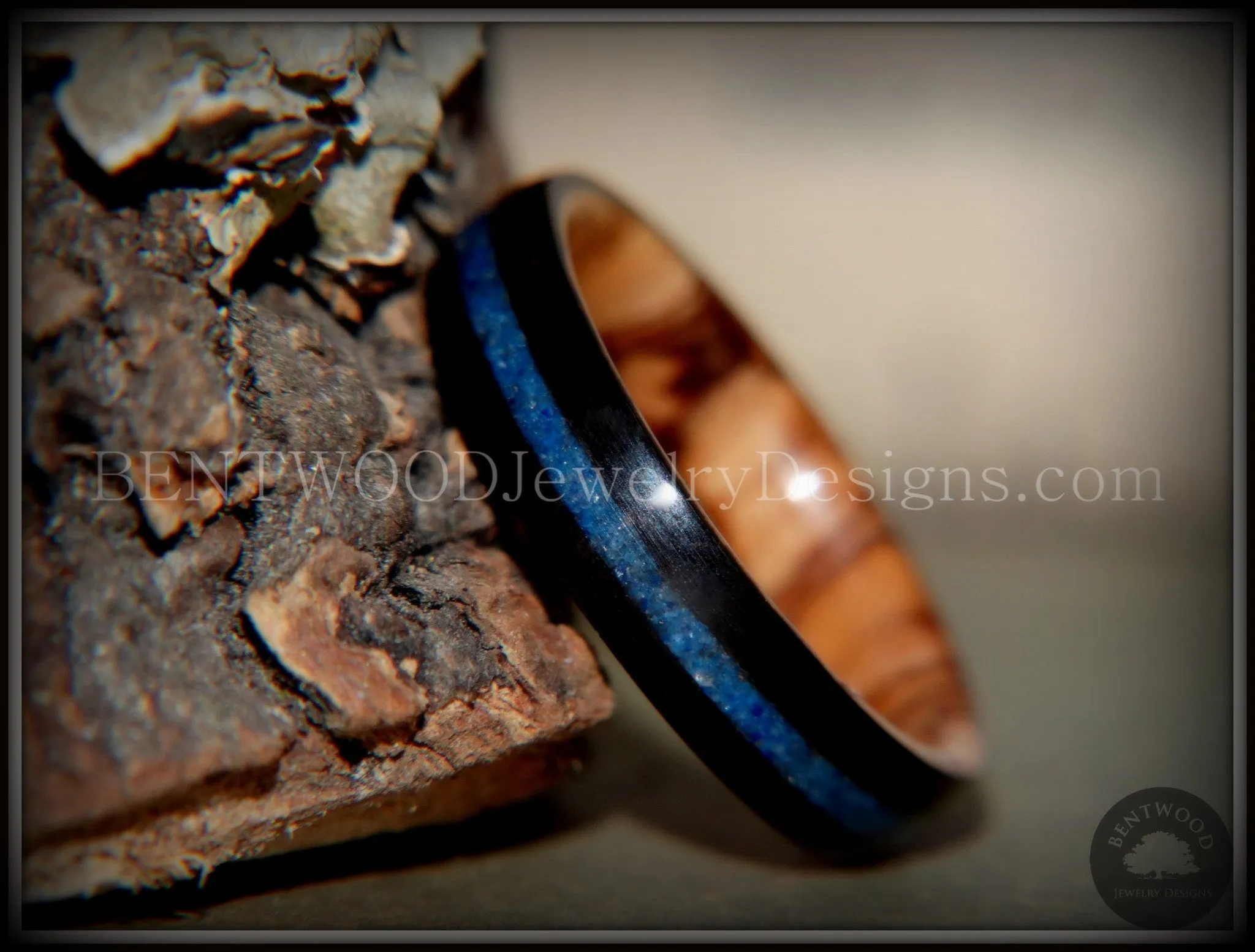 Bentwood Ring - Dark Ebony on Bethlehem Olivewood Core w/ Blue Lapis Inlay