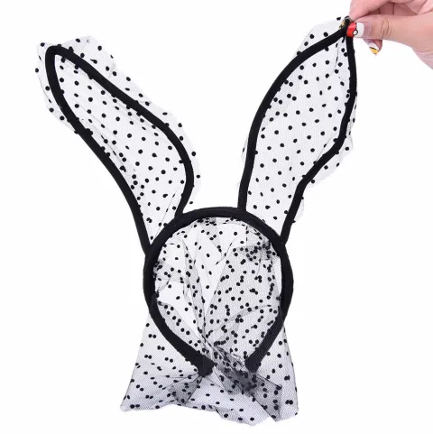 Black Lace Polka Dot Bunny Ear Headband