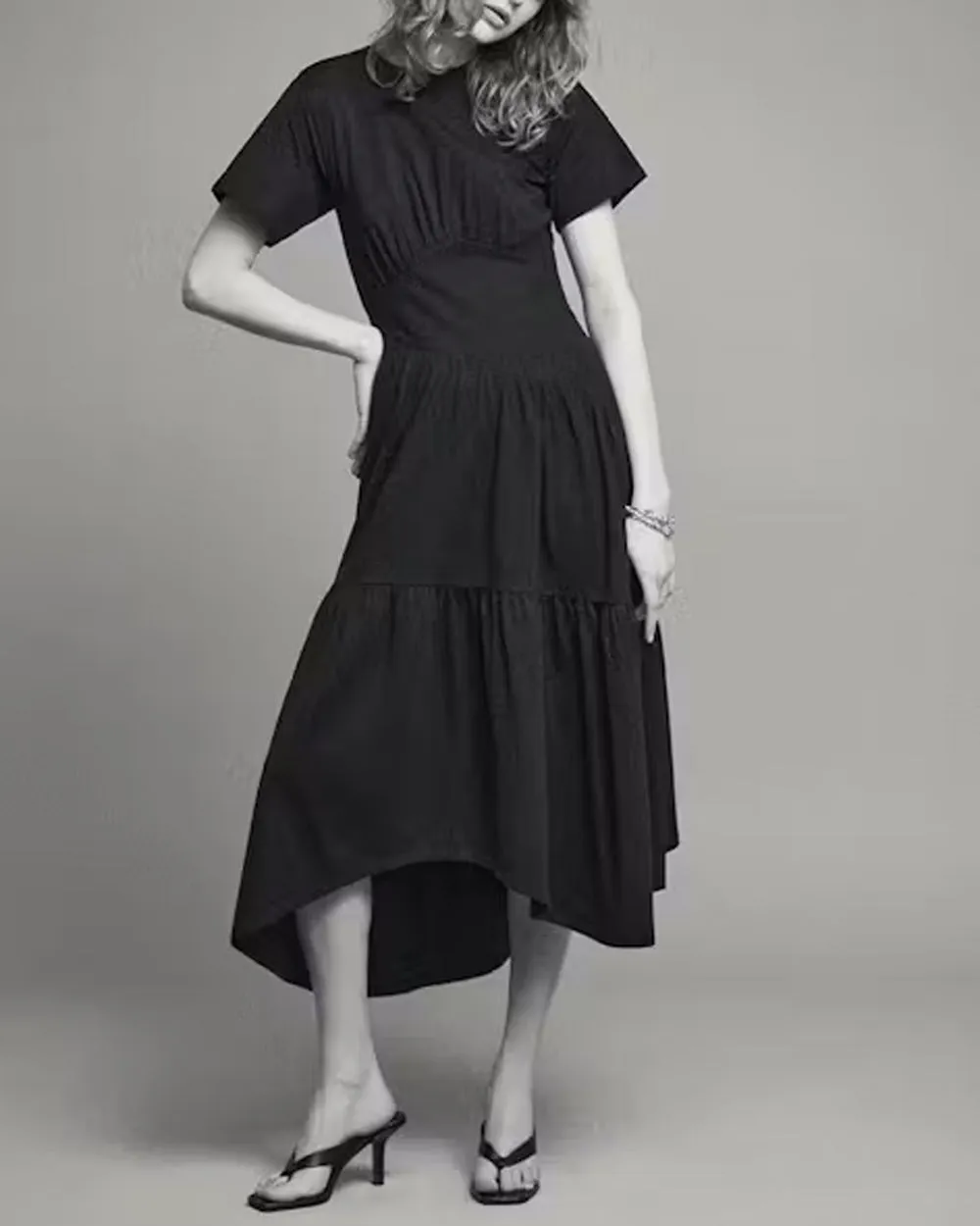 Black Short Sleeve Gathered Tier Dress