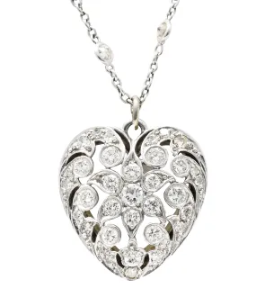 Black Starr & Frost Art Deco 1.60 CTW Diamond Carved Rock Crystal Platinum Floral Heart Antique Pendant Necklace