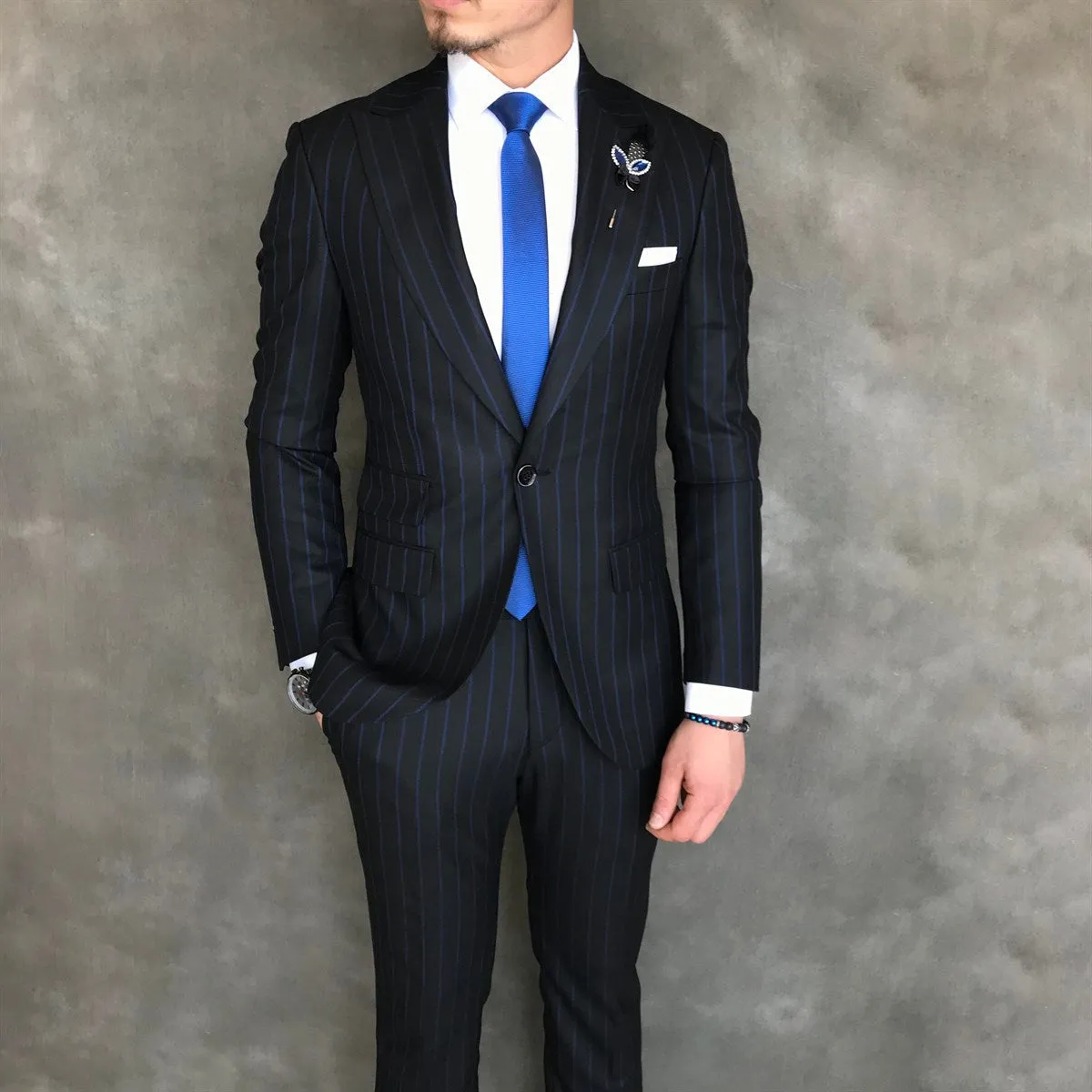 Bojoni Black Striped Slim-Fit Suit 2-Piece