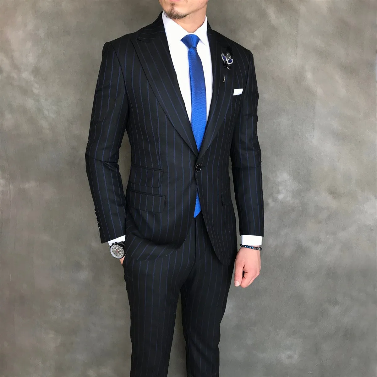 Bojoni Black Striped Slim-Fit Suit 2-Piece