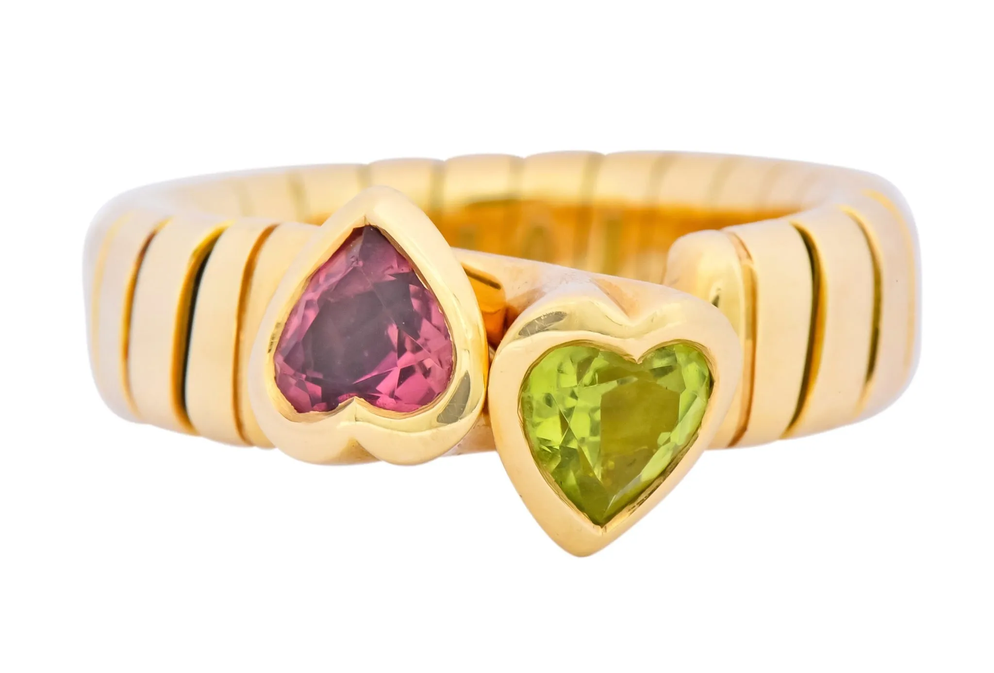 Bulgari 1.50 CTW Pink Tourmaline Peridot 18 Karat Yellow Gold Tubogas Heart Ring