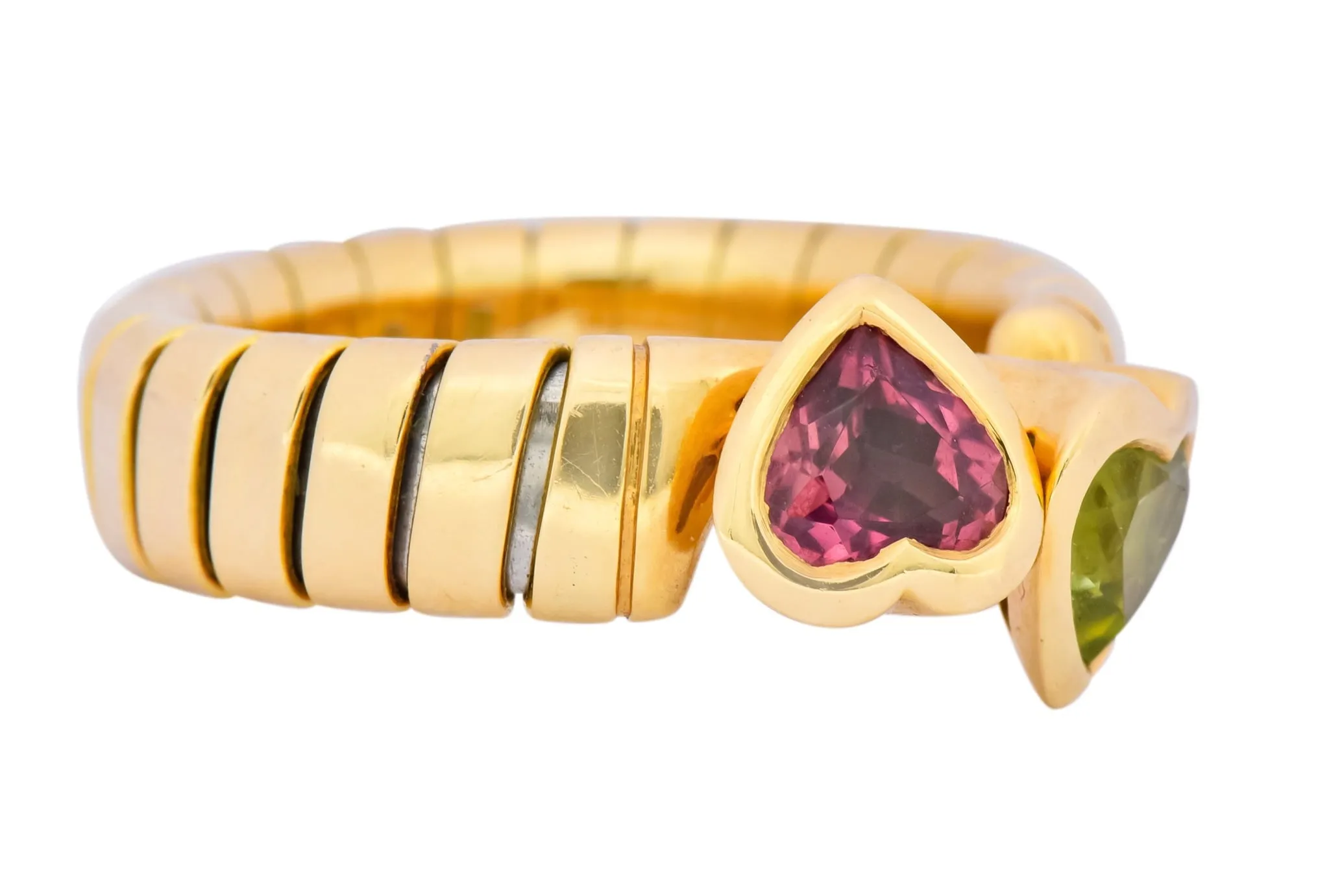 Bulgari 1.50 CTW Pink Tourmaline Peridot 18 Karat Yellow Gold Tubogas Heart Ring