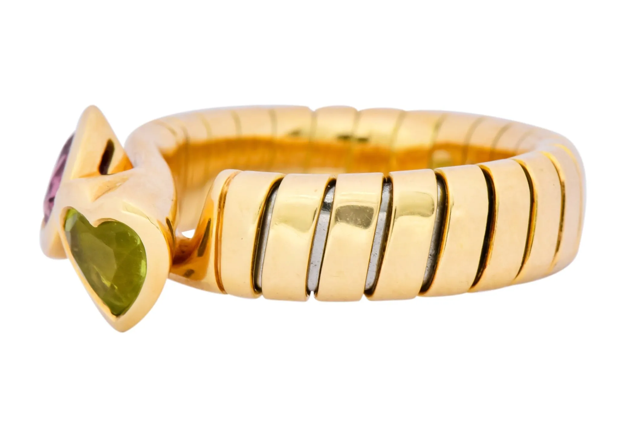 Bulgari 1.50 CTW Pink Tourmaline Peridot 18 Karat Yellow Gold Tubogas Heart Ring