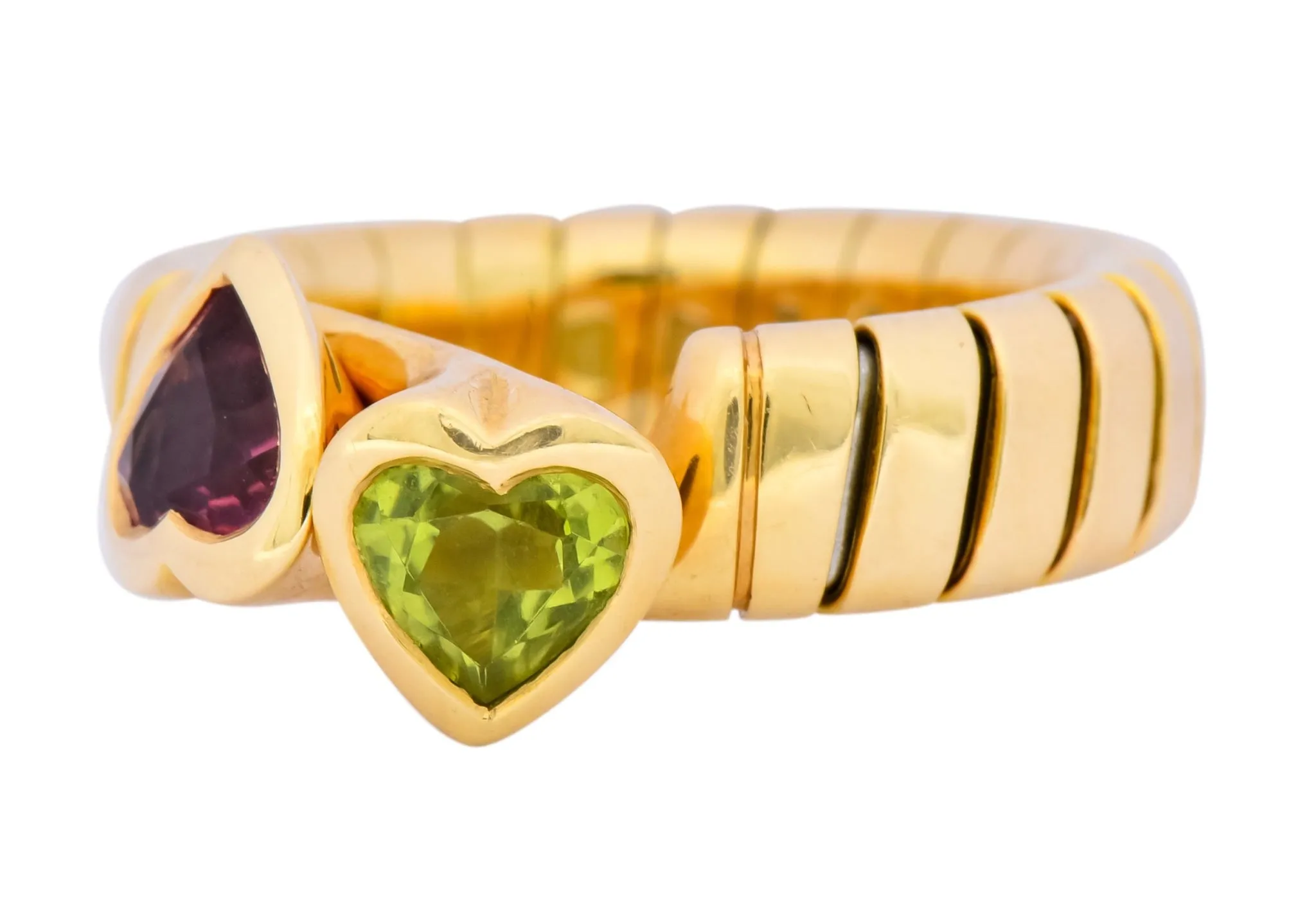 Bulgari 1.50 CTW Pink Tourmaline Peridot 18 Karat Yellow Gold Tubogas Heart Ring