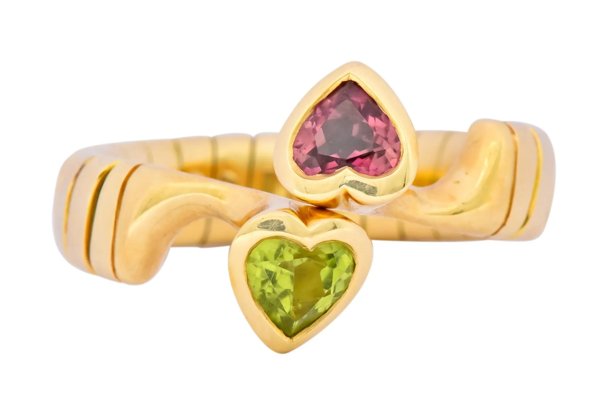 Bulgari 1.50 CTW Pink Tourmaline Peridot 18 Karat Yellow Gold Tubogas Heart Ring